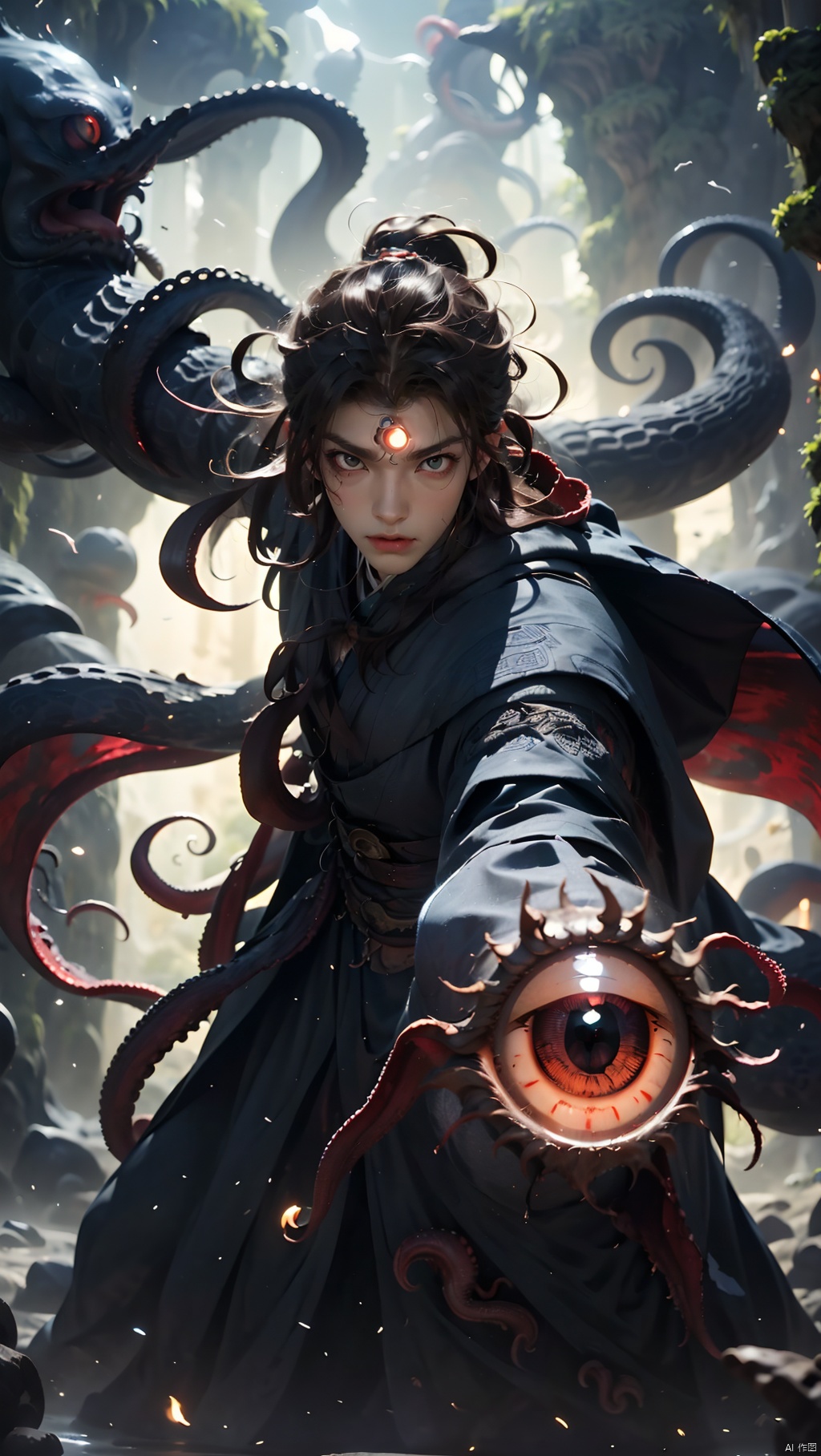 cowboy shot, 1boy, grey cape, grey hooded cloak, long hair, 
dusk caves, stone caves, (scared:1.3), (desperate:1.3), (solo)
(huge_all-seeing eyes in cave:1.4)
BREAK
(lots of all-seeing eyes:1.5), (Cthulhu style:1.3)
(lots of little red eyes deep in the dark cave:1.3), 
(lots of bat red eyes in cave, terror in the dark)
tentacle, (tentacle and all-seeing eye aroud tower)
, Giant octopus monster,Wen Dao Sheng Zun, black hair,1boy,Multi energy text,Energy pairing,Glowing Text,Transparent text,The Energy Behind Chinese Characters 