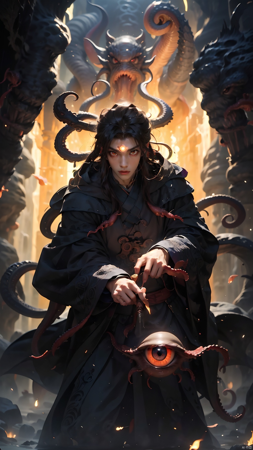 cowboy shot, 1boy, grey cape, grey hooded cloak, long hair, 
dusk caves, stone caves, (scared:1.3), (desperate:1.3), (solo)
(huge_all-seeing eyes in cave:1.4)
BREAK
(lots of all-seeing eyes:1.5), (Cthulhu style:1.3)
(lots of little red eyes deep in the dark cave:1.3), 
(lots of bat red eyes in cave, terror in the dark)
tentacle, (tentacle and all-seeing eye aroud tower)
, Giant octopus monster,Wen Dao Sheng Zun, black hair,1boy,Multi energy text,Energy pairing,Glowing Text,Transparent text,The Energy Behind Chinese Characters 