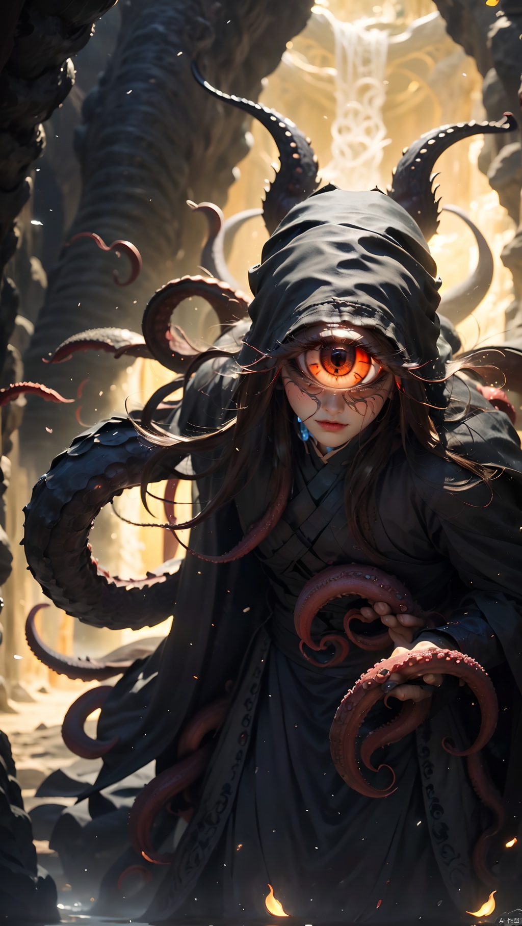 cowboy shot, 1boy, grey cape, grey hooded cloak, long hair, 
dusk caves, stone caves, (scared:1.3), (desperate:1.3), (solo)
(huge_all-seeing eyes in cave:1.4)
BREAK
(lots of all-seeing eyes:1.5), (Cthulhu style:1.3)
(lots of little red eyes deep in the dark cave:1.3), 
(lots of bat red eyes in cave, terror in the dark)
tentacle, (tentacle and all-seeing eye aroud tower)
, Giant octopus monster,Wen Dao Sheng Zun, black hair,1boy,Multi energy text,Energy pairing,Glowing Text,Transparent text,The Energy Behind Chinese Characters 
