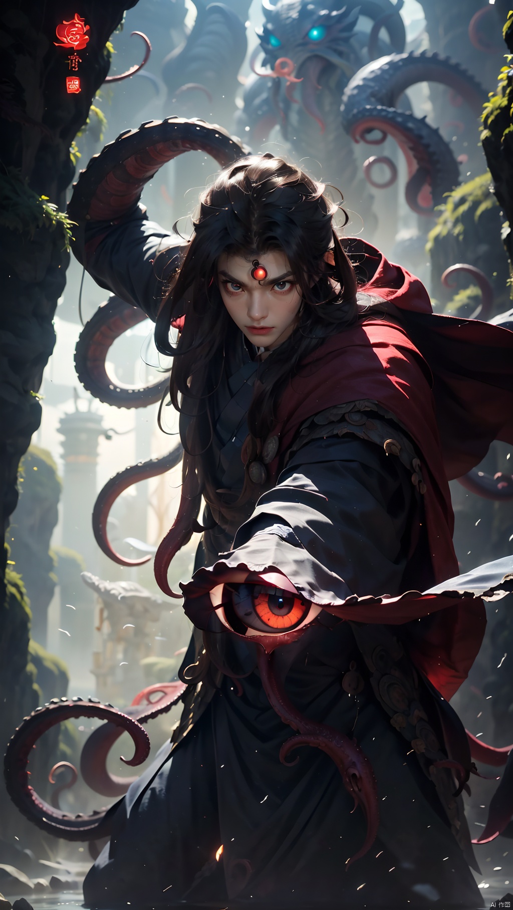 cowboy shot, 1boy, grey cape, grey hooded cloak, long hair, 
dusk caves, stone caves, (scared:1.3), (desperate:1.3), (solo)
(huge_all-seeing eyes in cave:1.4)
BREAK
(lots of all-seeing eyes:1.5), (Cthulhu style:1.3)
(lots of little red eyes deep in the dark cave:1.3), 
(lots of bat red eyes in cave, terror in the dark)
tentacle, (tentacle and all-seeing eye aroud tower)
, Giant octopus monster,Wen Dao Sheng Zun, black hair,1boy,Multi energy text,Energy pairing,Glowing Text,Transparent text,The Energy Behind Chinese Characters 