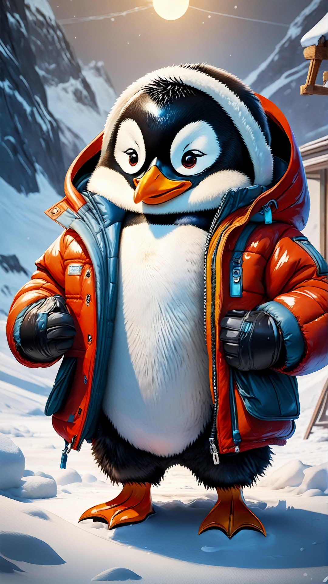 The monster penguin has strong muscles, wears a down jacket, and has half-smiling eyes. He seems to be a warm little vendor.