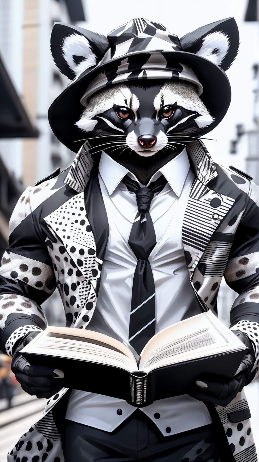 Monster, muscular, urban civet man: wearing urban designer stylish work clothes with black and white pattern, wearing civet ear hat and holding design material book in hand