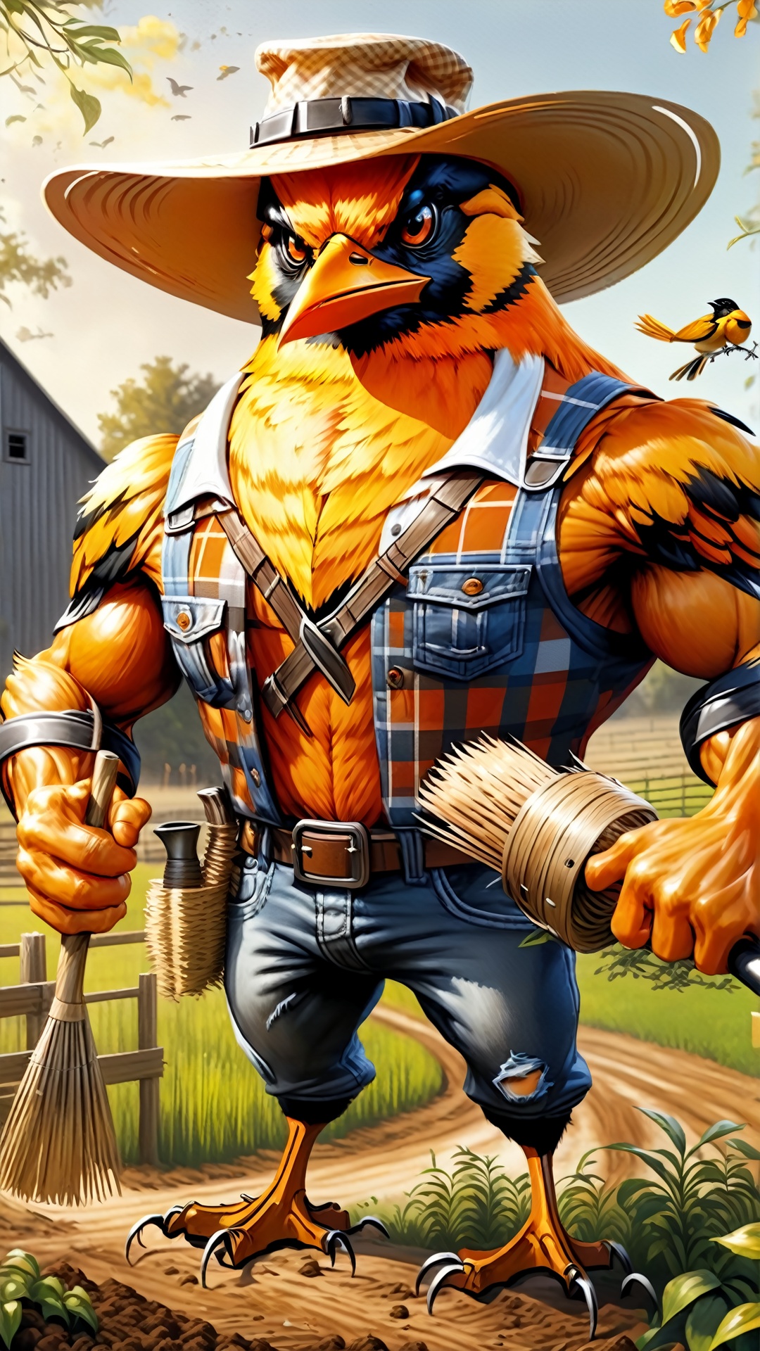 (Magical hyper-realistic style) Monster, muscular, pastoral oriole: dressed in a comfortable country style, a plaid shirt with jeans, a wide-brimmed straw hat on his head, holding farming tools in his hands, enjoying a peaceful farm life