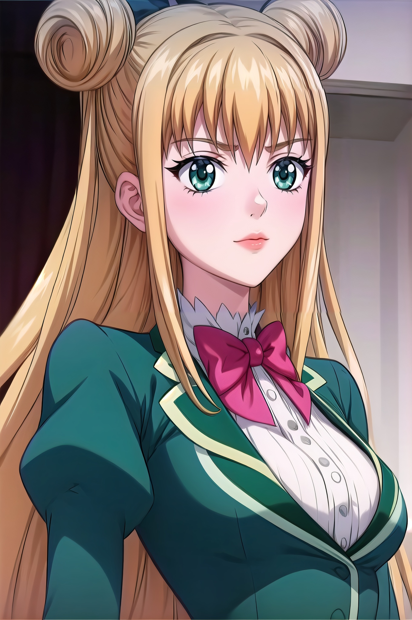 yuanshen, hair bun, 1girl, green eyes, double bun, long hair, bow, dress, blonde hair, school uniform, robot, solo, brown hair,