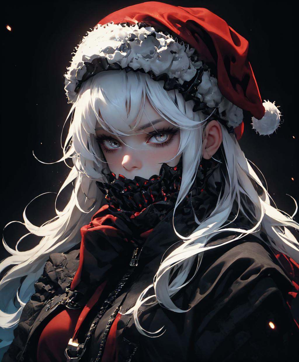 dark theme, jht, (1girl), white hair, white eyes, santa claus, santa costume, santa hat, winter, snow, solo, <lora:jaw_hood_tooth-08:1>, <lora:LowRA:0.8>