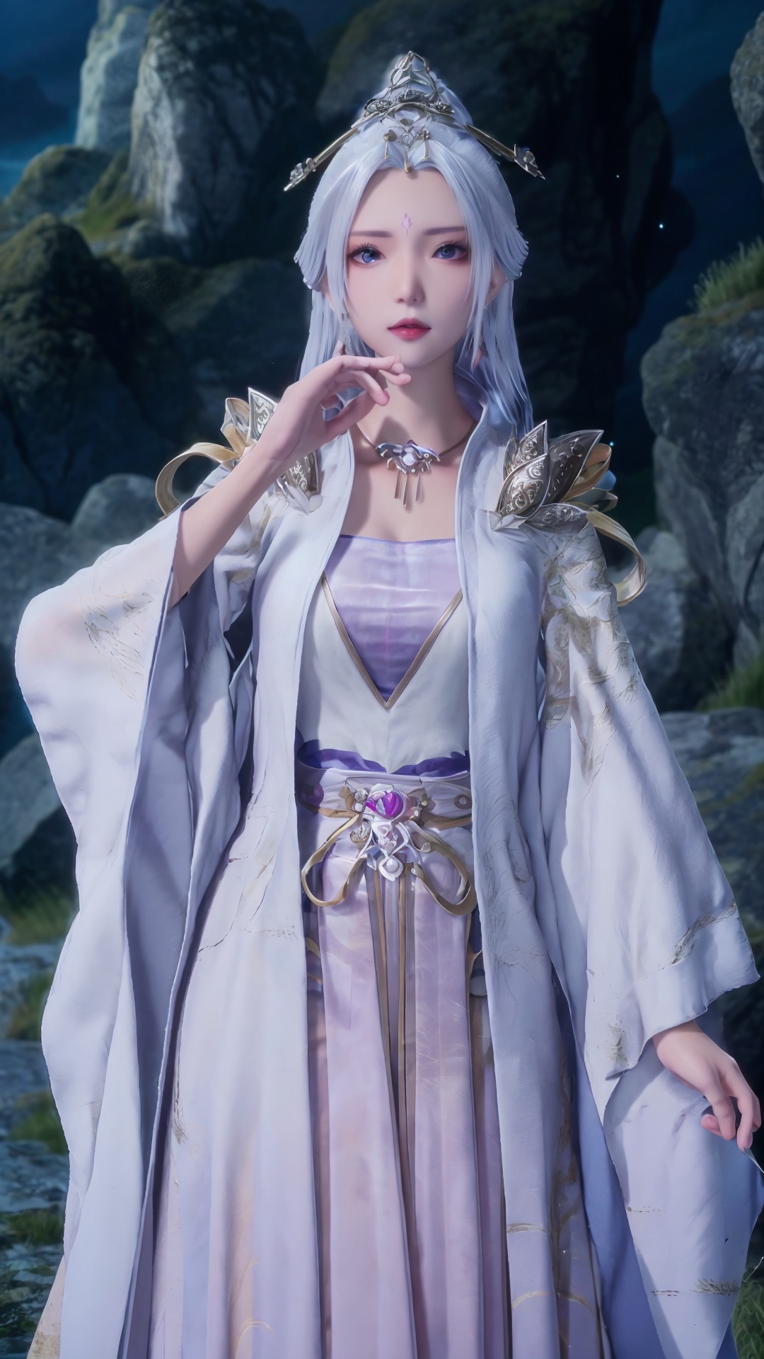  masterpiece,best quality,1girl, jewelry, solo, earrings, hair ornament, purple eyes, necklace, forehead mark, facial mark, chinese clothes, dress, long hair, hair stick, white hair, cowboy shot, dynamic pose, dynamic angle, 1girl