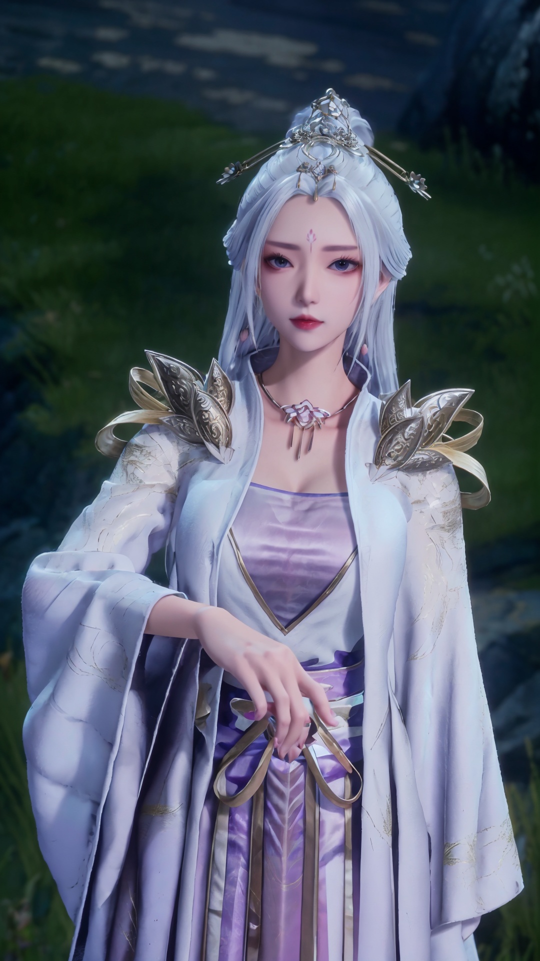  masterpiece,best quality,1girl, jewelry, solo, earrings, hair ornament, purple eyes, necklace, forehead mark, facial mark, chinese clothes, dress, long hair, hair stick, white hair, cowboy shot, dynamic pose, dynamic angle