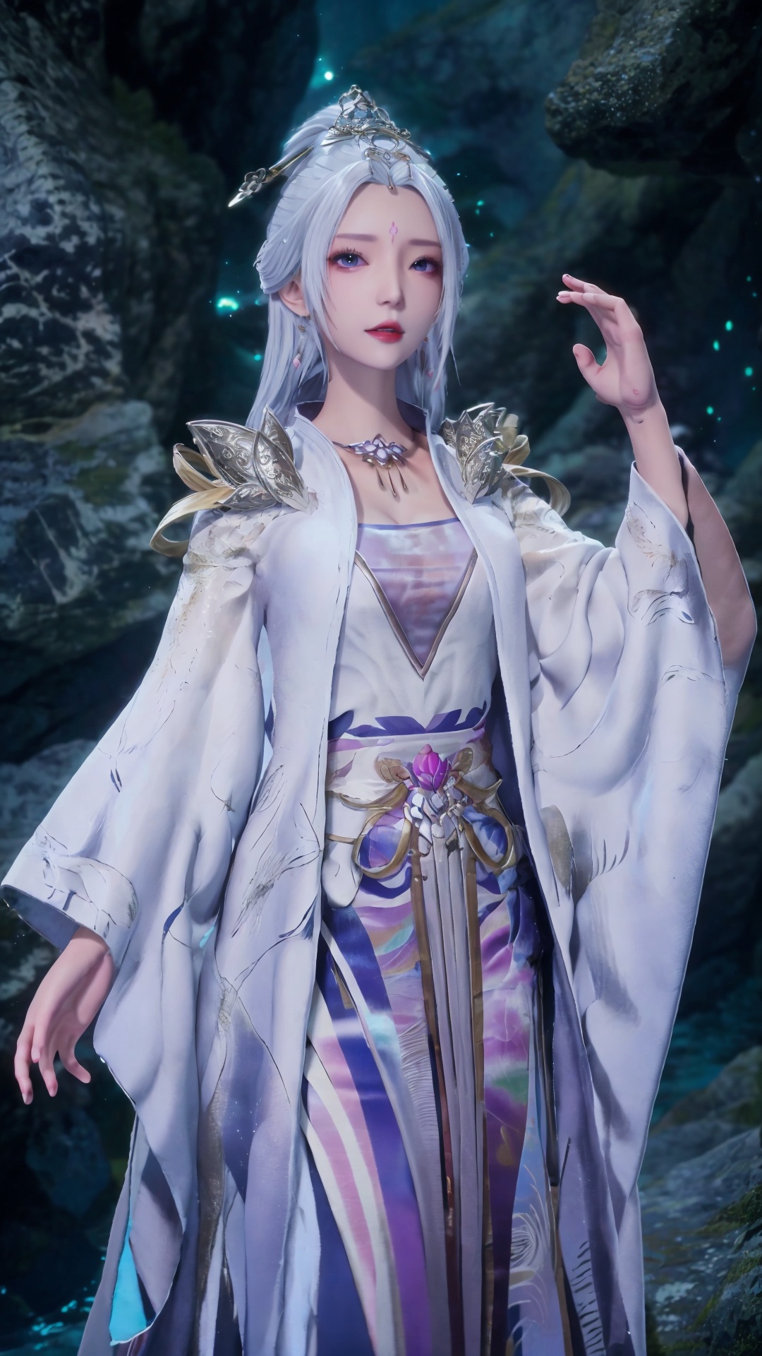  masterpiece,best quality,1girl, jewelry, solo, earrings, hair ornament, purple eyes, necklace, forehead mark, facial mark, chinese clothes, dress, long hair, hair stick, white hair, cowboy shot, dynamic pose, dynamic angle, 1girl