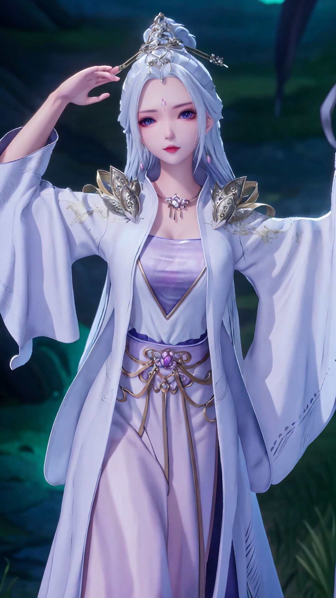  masterpiece,best quality,1girl, jewelry, solo, earrings, hair ornament, purple eyes, necklace, forehead mark, facial mark, chinese clothes, dress, long hair, hair stick, white hair, cowboy shot, dynamic pose, dynamic angle