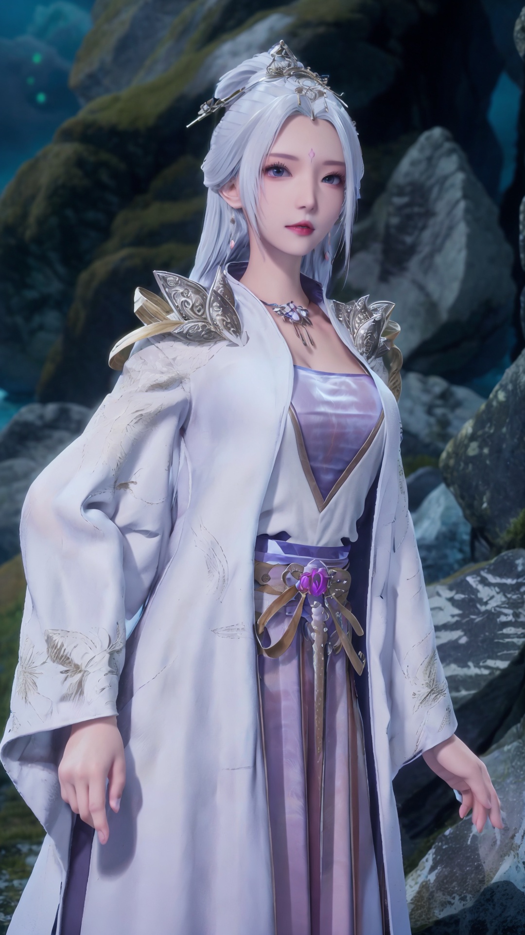  masterpiece,best quality,1girl, jewelry, solo, earrings, hair ornament, purple eyes, necklace, forehead mark, facial mark, chinese clothes, dress, long hair, hair stick, white hair, cowboy shot, dynamic pose, dynamic angle, 1girl