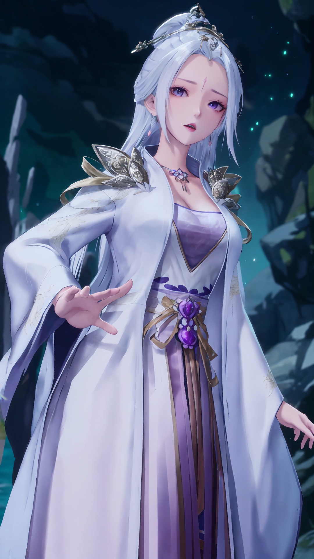  masterpiece,best quality,1girl, jewelry, solo, earrings, hair ornament, purple eyes, necklace, forehead mark, facial mark, chinese clothes, dress, long hair, hair stick, white hair, cowboy shot, dynamic pose, dynamic angle
