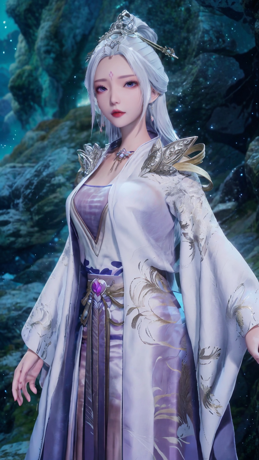  masterpiece,best quality,1girl, jewelry, solo, earrings, hair ornament, purple eyes, necklace, forehead mark, facial mark, chinese clothes, dress, long hair, hair stick, white hair, cowboy shot, dynamic pose, dynamic angle, 1girl