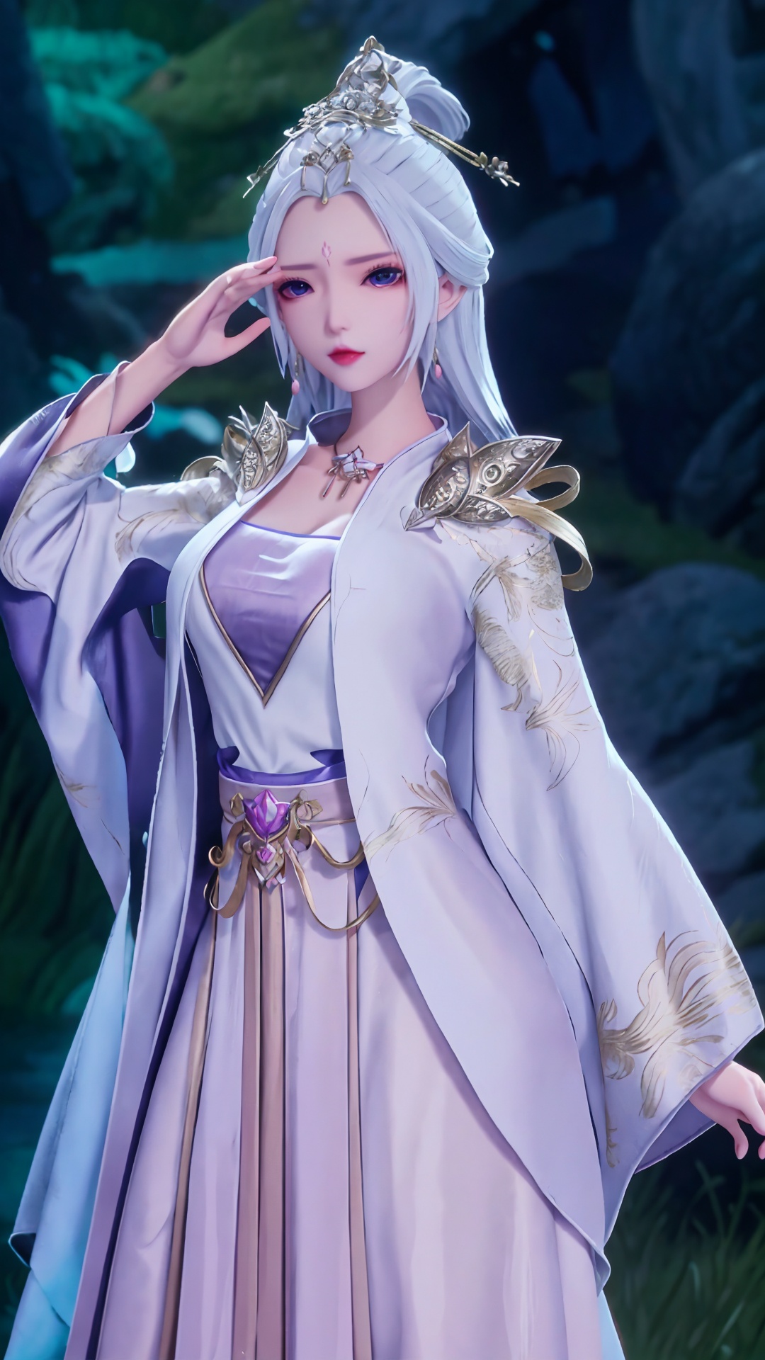 masterpiece,best quality,1girl, jewelry, solo, earrings, hair ornament, purple eyes, necklace, forehead mark, facial mark, chinese clothes, dress, long hair, hair stick, white hair, cowboy shot, dynamic pose, dynamic angle