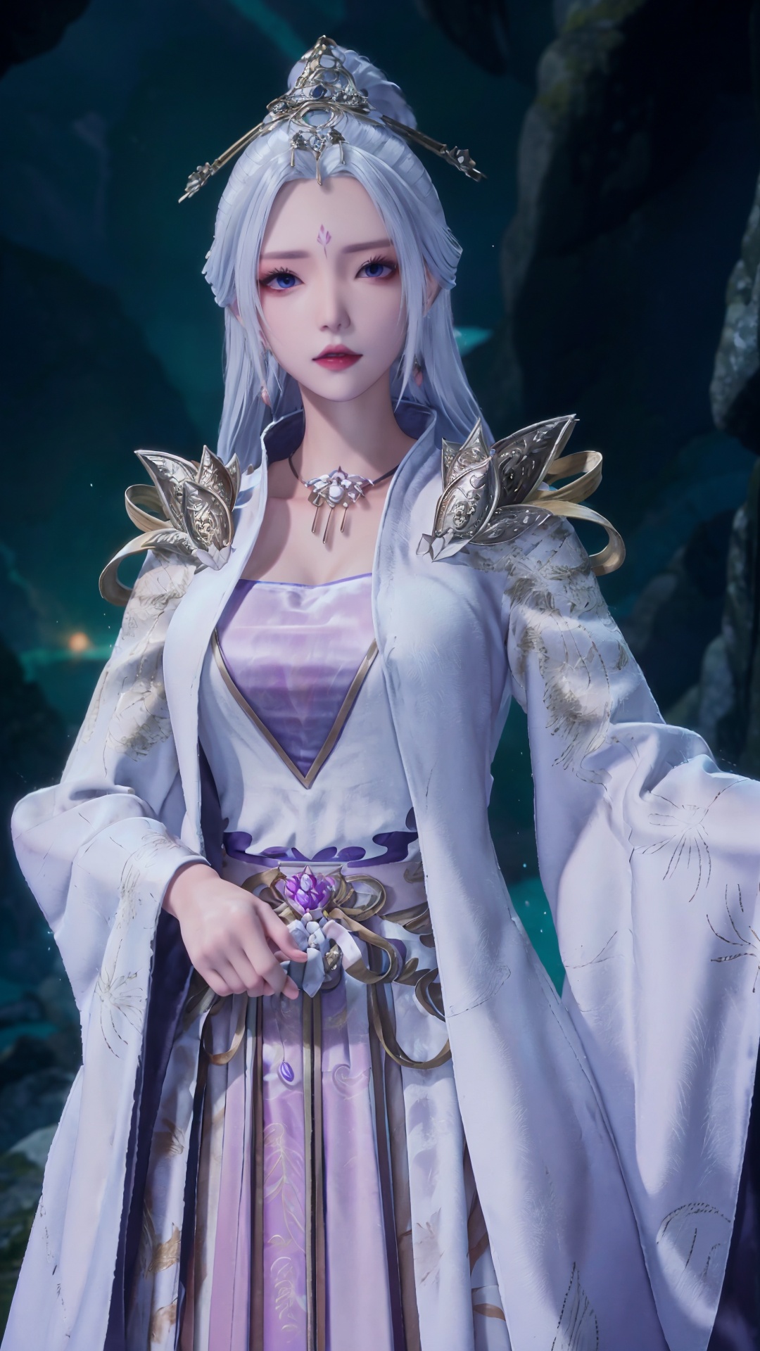  masterpiece,best quality,1girl, jewelry, solo, earrings, hair ornament, purple eyes, necklace, forehead mark, facial mark, chinese clothes, dress, long hair, hair stick, white hair, cowboy shot, dynamic pose, dynamic angle, 1girl