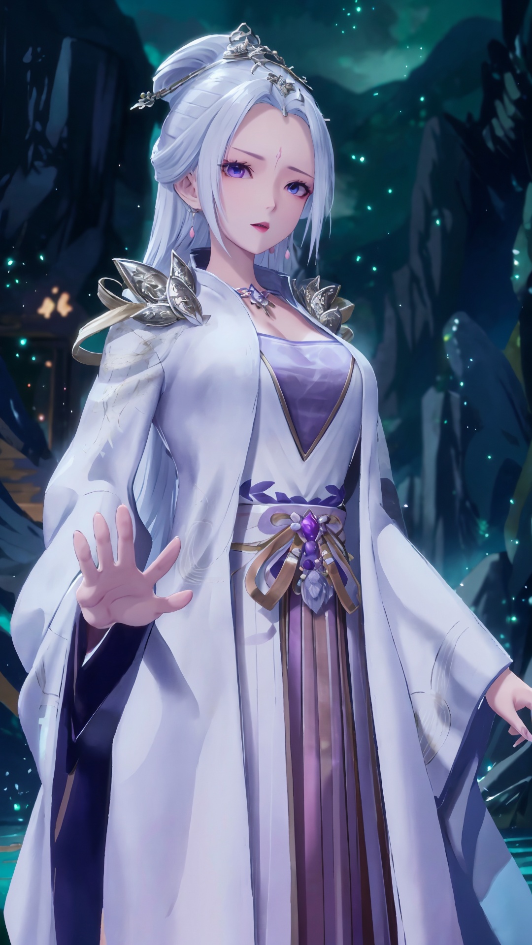  masterpiece,best quality,1girl, jewelry, solo, earrings, hair ornament, purple eyes, necklace, forehead mark, facial mark, chinese clothes, dress, long hair, hair stick, white hair, cowboy shot, dynamic pose, dynamic angle