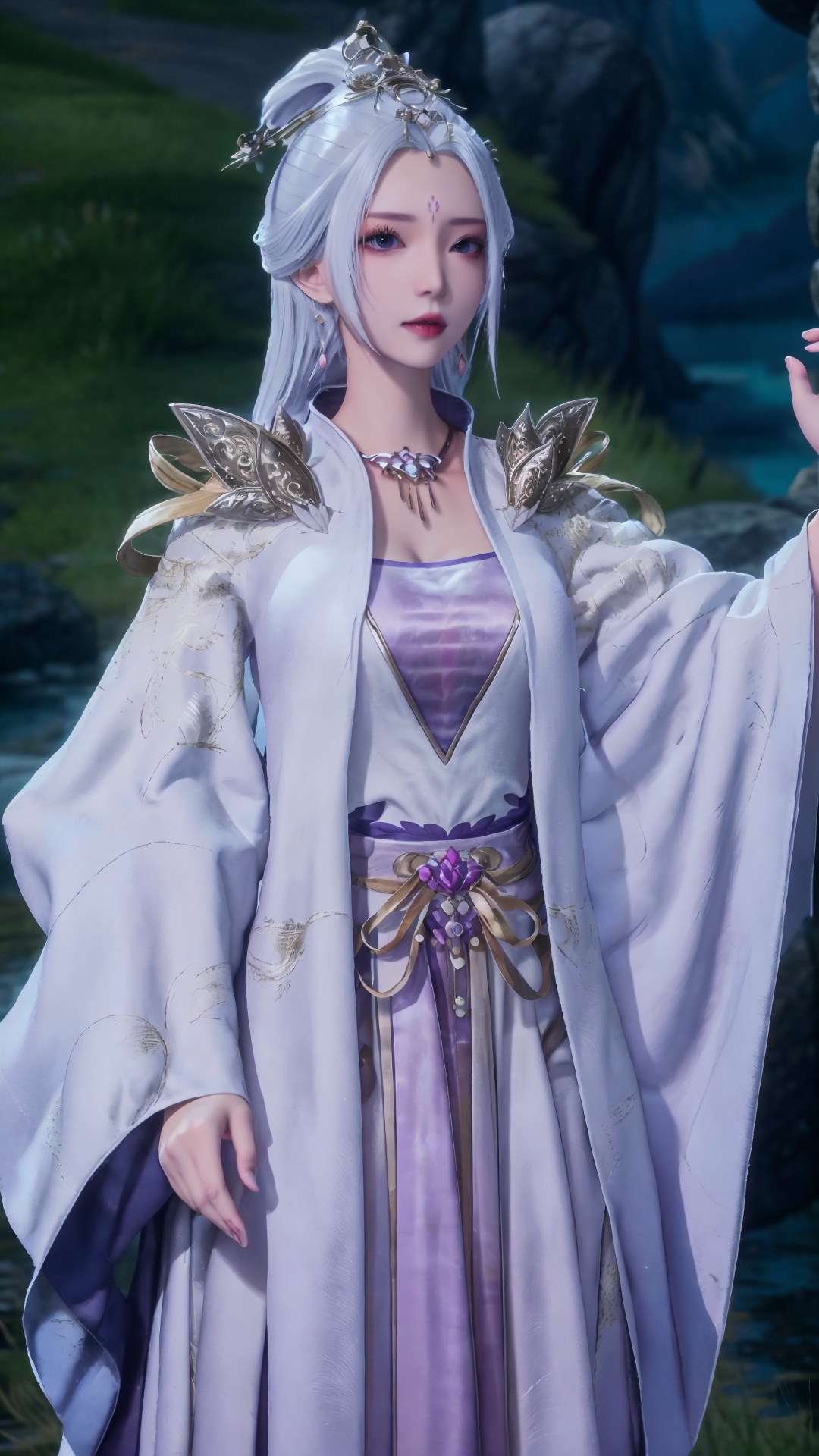  masterpiece,best quality,1girl, jewelry, solo, earrings, hair ornament, purple eyes, necklace, forehead mark, facial mark, chinese clothes, dress, long hair, hair stick, white hair, cowboy shot, dynamic pose, dynamic angle