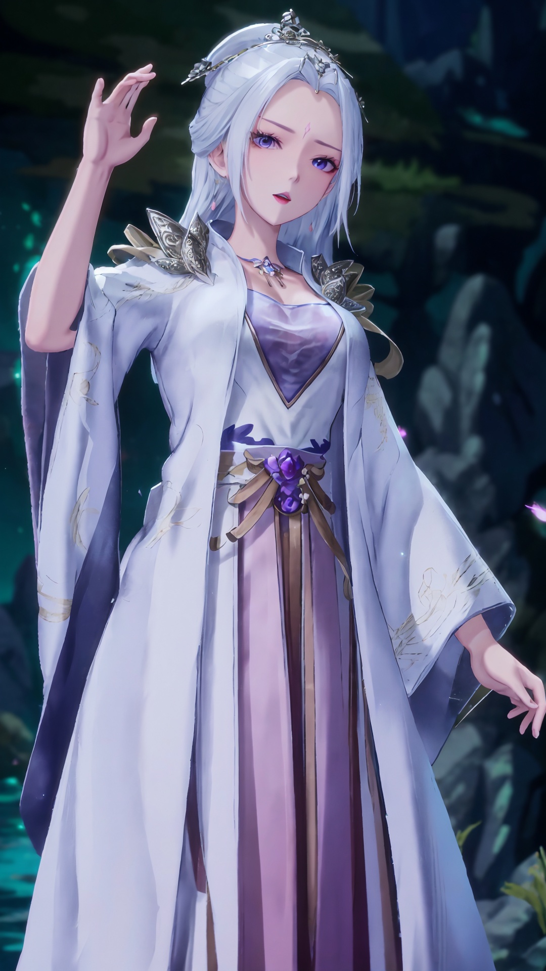  masterpiece,best quality,1girl, jewelry, solo, earrings, hair ornament, purple eyes, necklace, forehead mark, facial mark, chinese clothes, dress, long hair, hair stick, white hair, cowboy shot, dynamic pose, dynamic angle