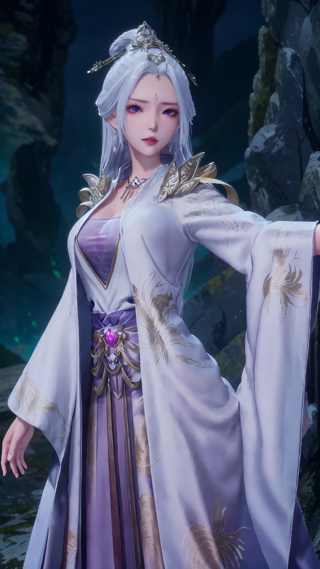 masterpiece,best quality,1girl, jewelry, solo, earrings, hair ornament, purple eyes, necklace, forehead mark, facial mark, chinese clothes, dress, long hair, hair stick, white hair, cowboy shot, dynamic pose, dynamic angle, 1girl