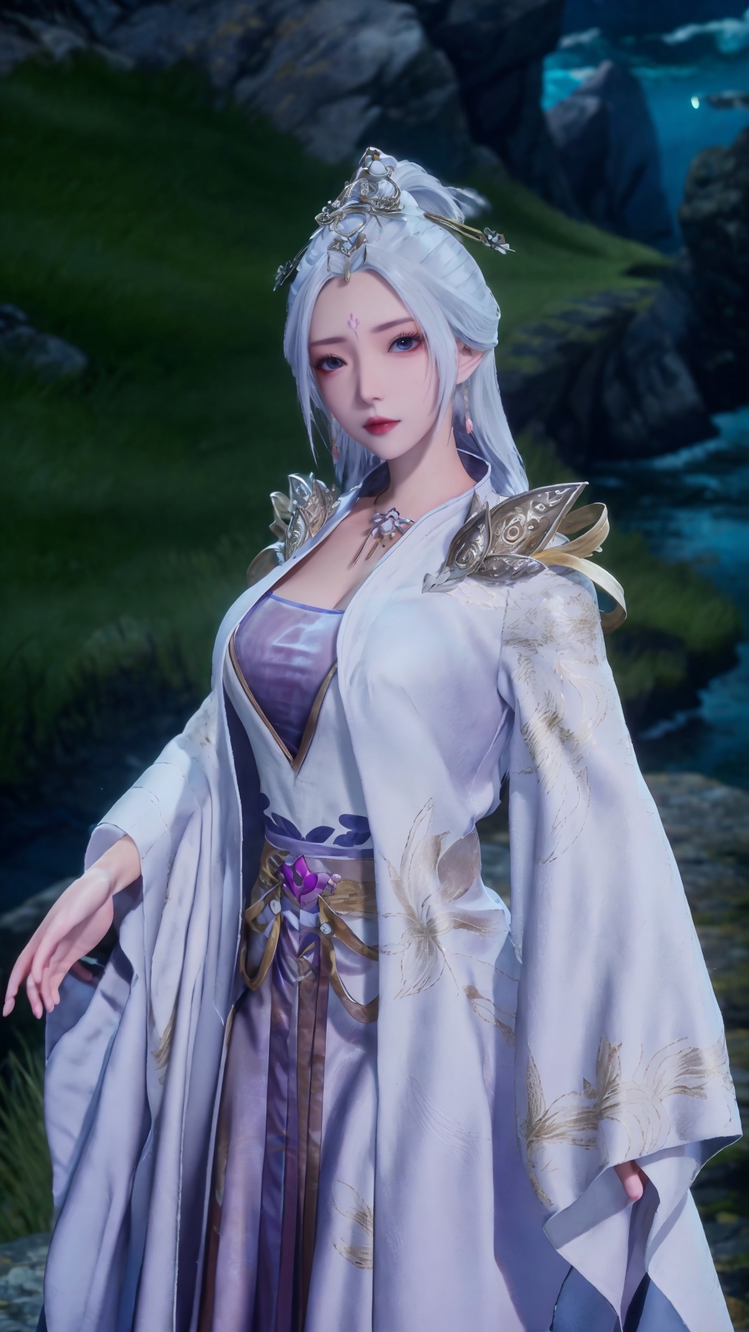  masterpiece,best quality,1girl, jewelry, solo, earrings, hair ornament, blue eyes, necklace, forehead mark, facial mark, chinese clothes, dress, long hair, hair stick, white hair, cowboy shot, dynamic pose, dynamic angle