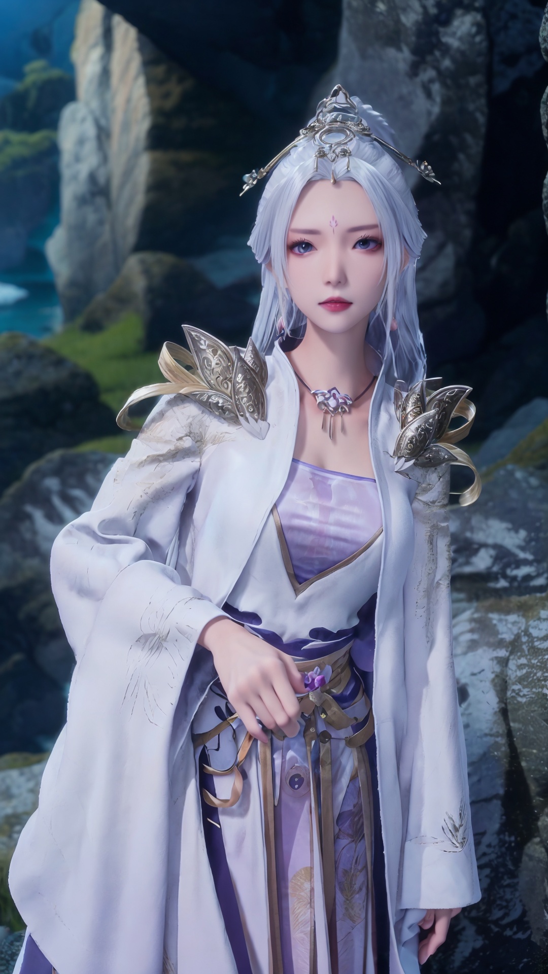  masterpiece,best quality,1girl, jewelry, solo, earrings, hair ornament, purple eyes, necklace, forehead mark, facial mark, chinese clothes, dress, long hair, hair stick, white hair, cowboy shot, dynamic pose, dynamic angle, 1girl