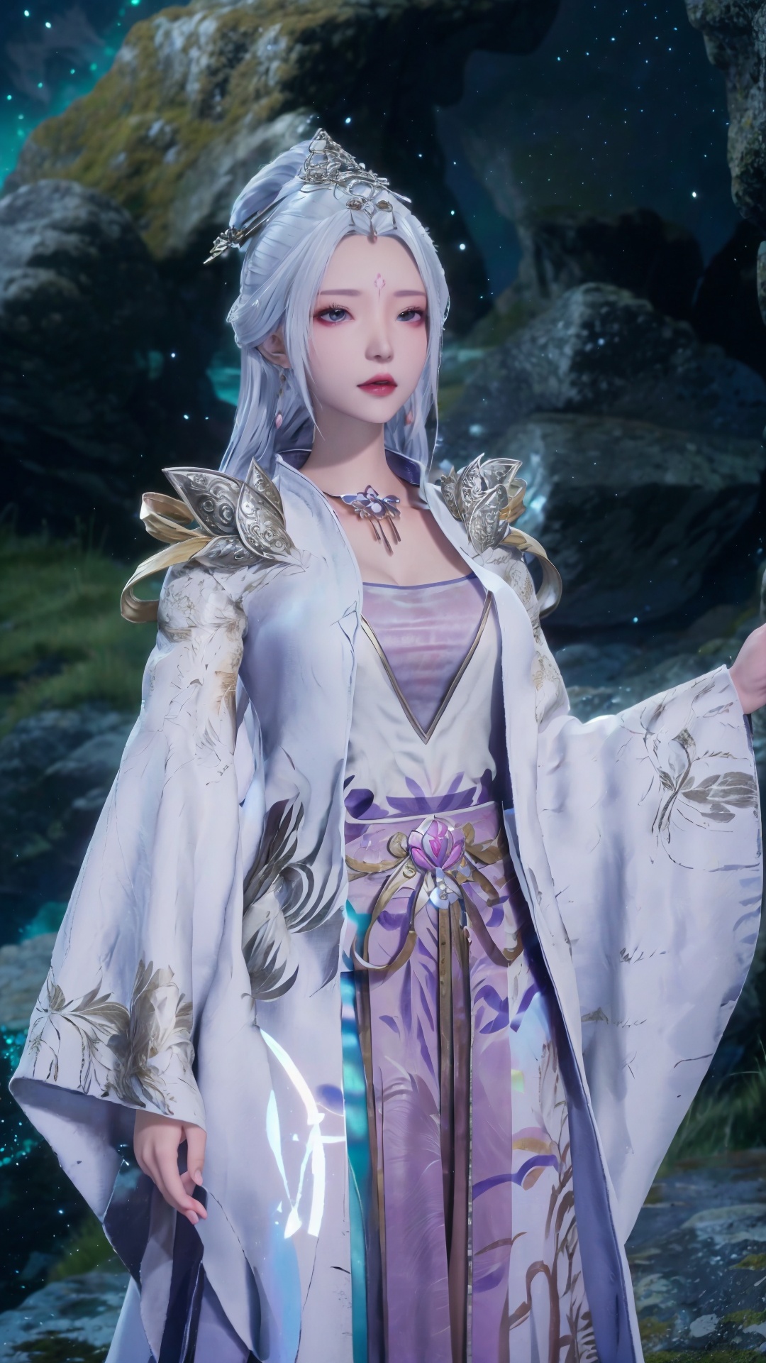  masterpiece,best quality,1girl, jewelry, solo, earrings, hair ornament, purple eyes, necklace, forehead mark, facial mark, chinese clothes, dress, long hair, hair stick, white hair, cowboy shot, dynamic pose, dynamic angle, 1girl