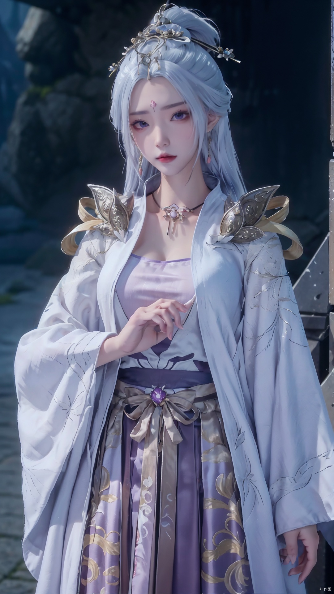  masterpiece,best quality,1girl, jewelry, solo, earrings, hair ornament, purple eyes, necklace, forehead mark, facial mark, chinese clothes, dress, long hair, hair stick, white hair, cowboy shot, dynamic pose, dynamic angle,