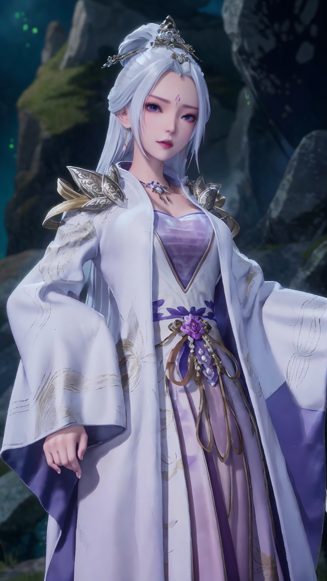  masterpiece,best quality,1girl, jewelry, solo, earrings, hair ornament, purple eyes, necklace, forehead mark, facial mark, chinese clothes, dress, long hair, hair stick, white hair, cowboy shot, dynamic pose, dynamic angle, 1girl