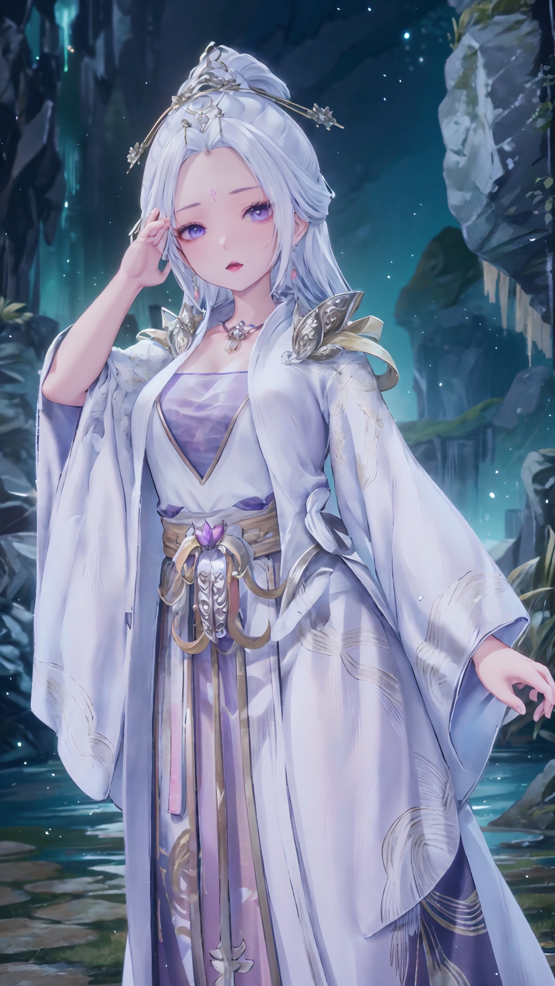  masterpiece,best quality,1girl, jewelry, solo, earrings, hair ornament, purple eyes, necklace, forehead mark, facial mark, chinese clothes, dress, long hair, hair stick, white hair, cowboy shot, dynamic pose, dynamic angle