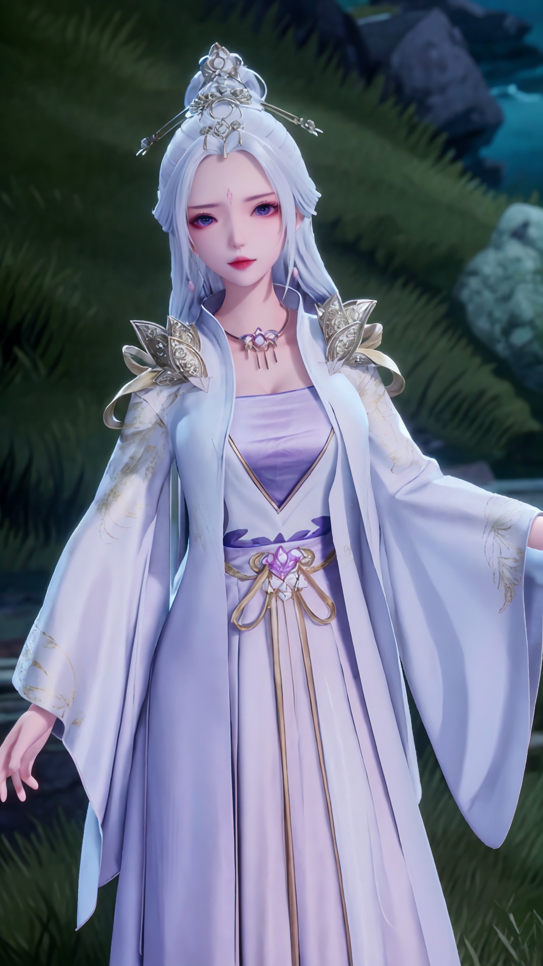  masterpiece,best quality,1girl, jewelry, solo, earrings, hair ornament, purple eyes, necklace, forehead mark, facial mark, chinese clothes, dress, long hair, hair stick, white hair, cowboy shot, dynamic pose, dynamic angle