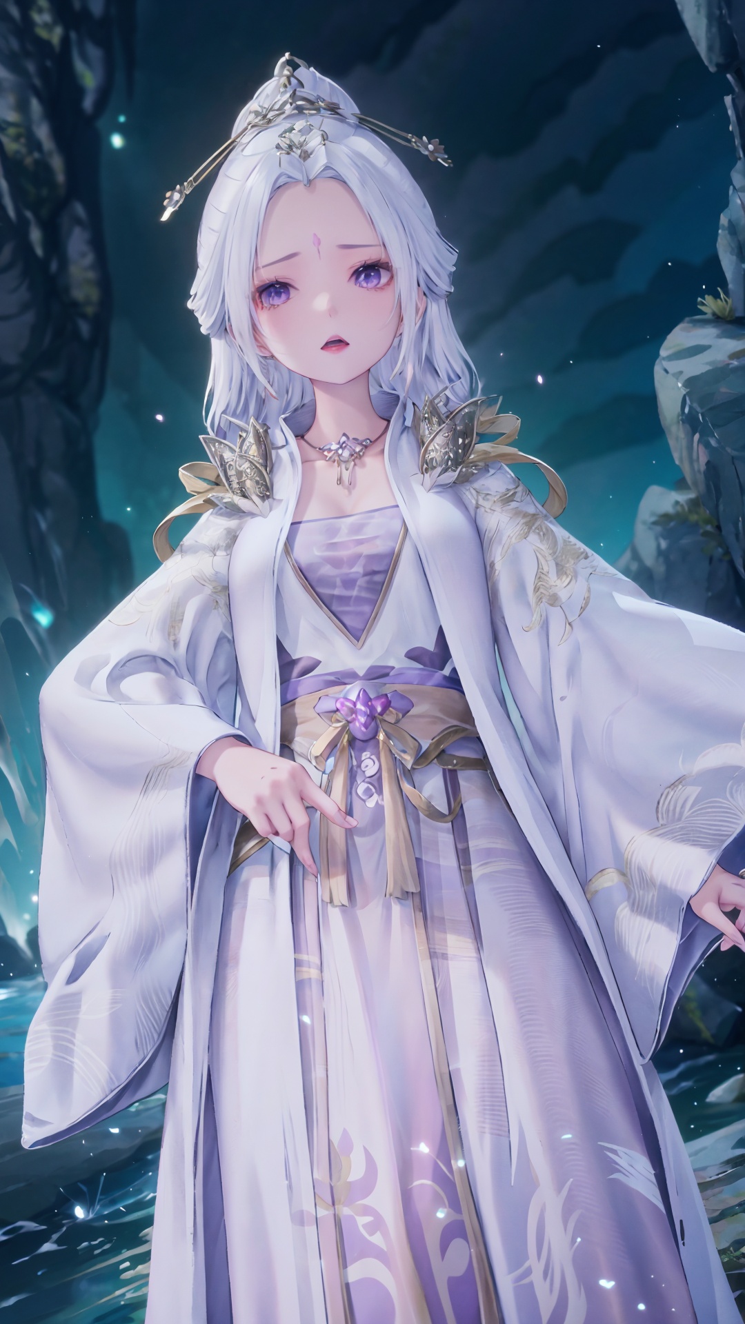  masterpiece,best quality,1girl, jewelry, solo, earrings, hair ornament, purple eyes, necklace, forehead mark, facial mark, chinese clothes, dress, long hair, hair stick, white hair, cowboy shot, dynamic pose, dynamic angle