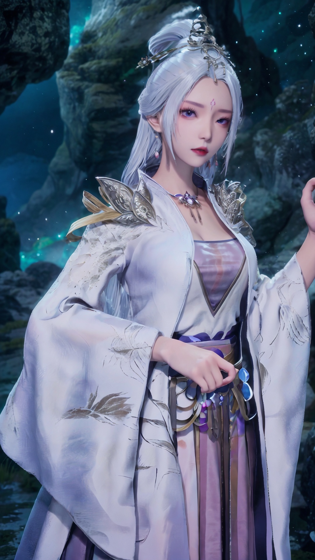  masterpiece,best quality,1girl, jewelry, solo, earrings, hair ornament, purple eyes, necklace, forehead mark, facial mark, chinese clothes, dress, long hair, hair stick, white hair, cowboy shot, dynamic pose, dynamic angle, 1girl