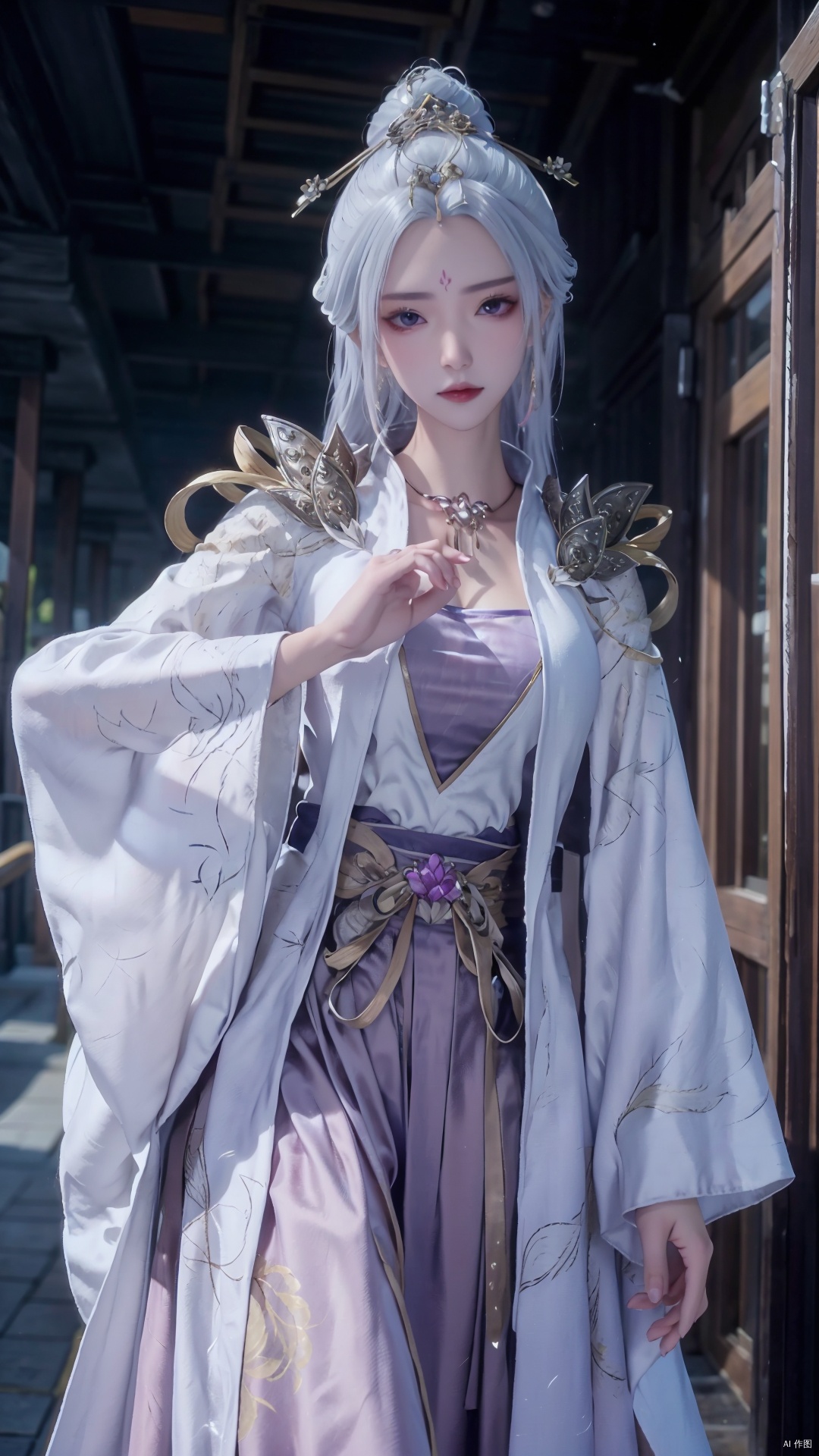  masterpiece,best quality,1girl, jewelry, solo, earrings, hair ornament, purple eyes, necklace, forehead mark, facial mark, chinese clothes, dress, long hair, hair stick, white hair, cowboy shot, dynamic pose, dynamic angle,