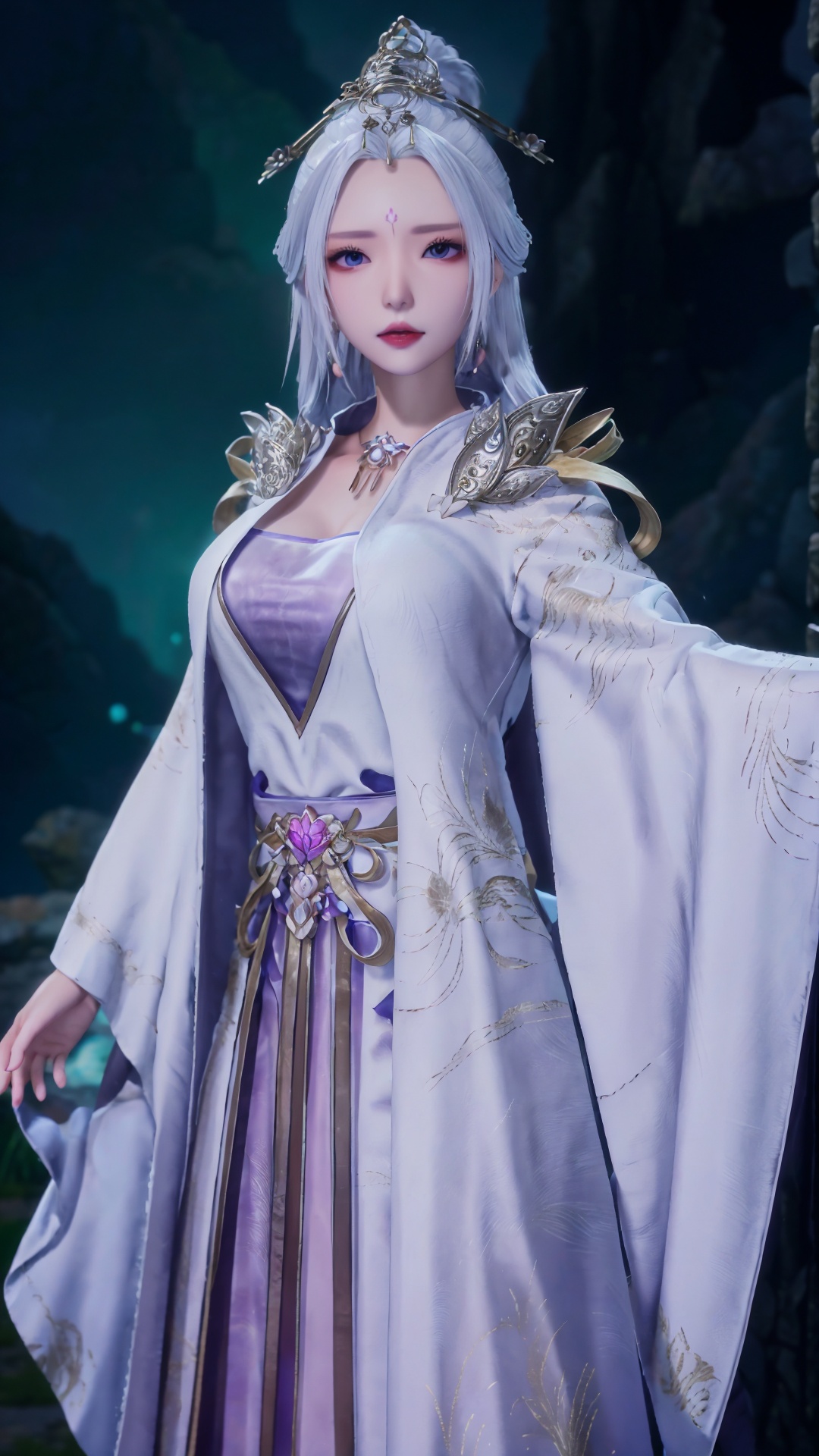  masterpiece,best quality,1girl, jewelry, solo, earrings, hair ornament, purple eyes, necklace, forehead mark, facial mark, chinese clothes, dress, long hair, hair stick, white hair, cowboy shot, dynamic pose, dynamic angle, 1girl