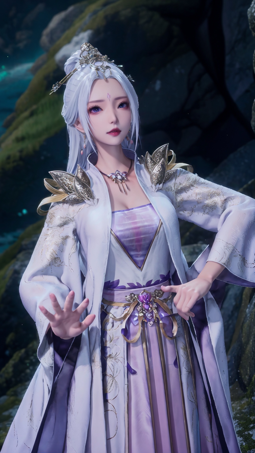 masterpiece,best quality,1girl, jewelry, solo, earrings, hair ornament, purple eyes, necklace, forehead mark, facial mark, chinese clothes, dress, long hair, hair stick, white hair, cowboy shot, dynamic pose, dynamic angle, 1girl