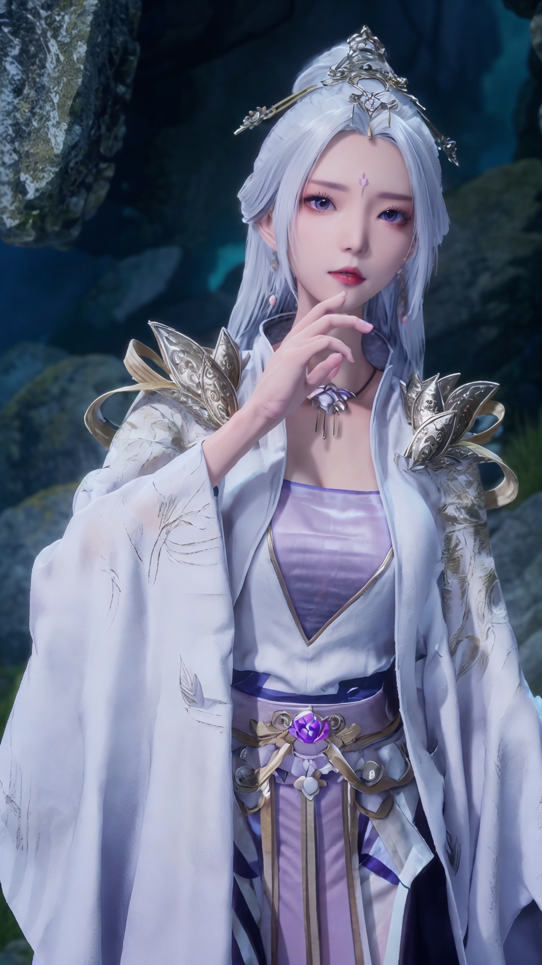  masterpiece,best quality,1girl, jewelry, solo, earrings, hair ornament, purple eyes, necklace, forehead mark, facial mark, chinese clothes, dress, long hair, hair stick, white hair, cowboy shot, dynamic pose, dynamic angle, 1girl