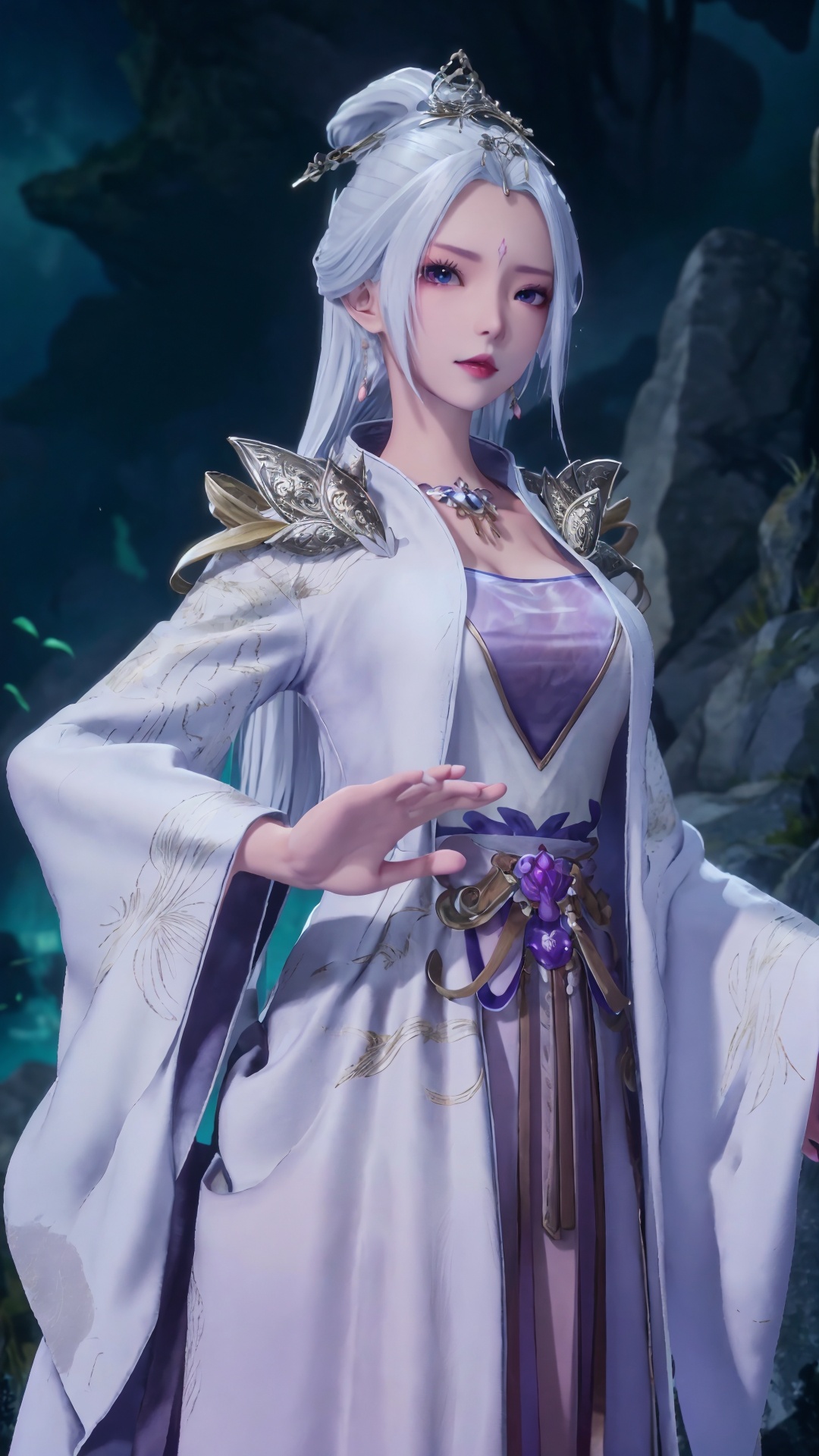  masterpiece,best quality,1girl, jewelry, solo, earrings, hair ornament, purple eyes, necklace, forehead mark, facial mark, chinese clothes, dress, long hair, hair stick, white hair, cowboy shot, dynamic pose, dynamic angle, 1girl
