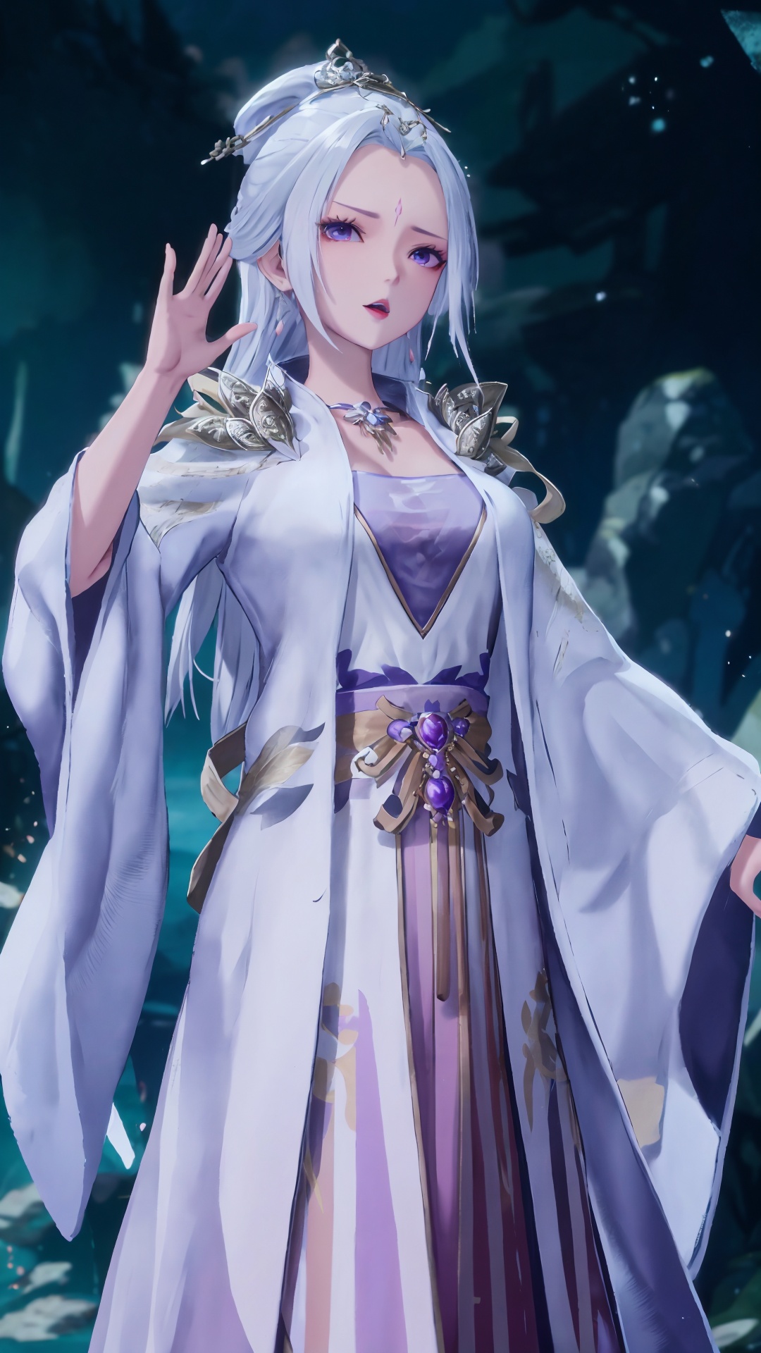  masterpiece,best quality,1girl, jewelry, solo, earrings, hair ornament, purple eyes, necklace, forehead mark, facial mark, chinese clothes, dress, long hair, hair stick, white hair, cowboy shot, dynamic pose, dynamic angle