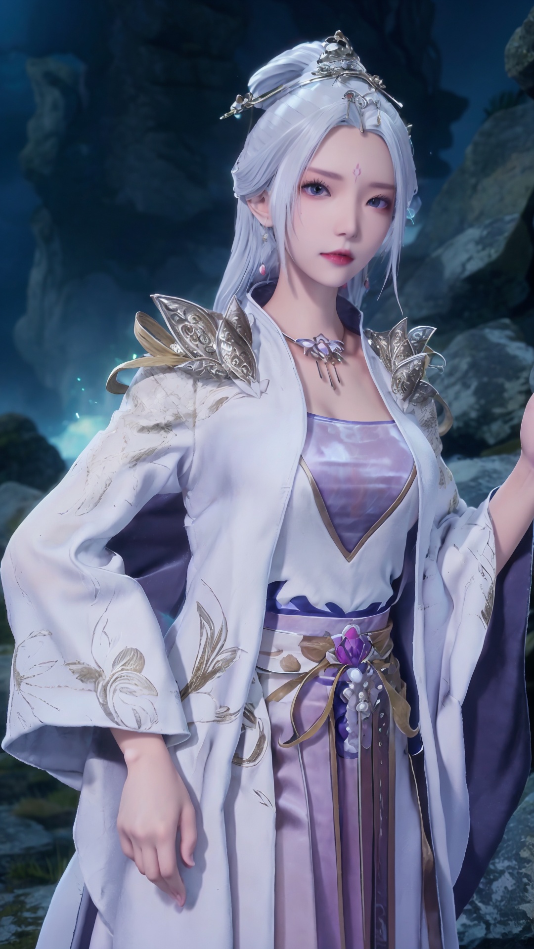  masterpiece,best quality,1girl, jewelry, solo, earrings, hair ornament, purple eyes, necklace, forehead mark, facial mark, chinese clothes, dress, long hair, hair stick, white hair, cowboy shot, dynamic pose, dynamic angle, 1girl