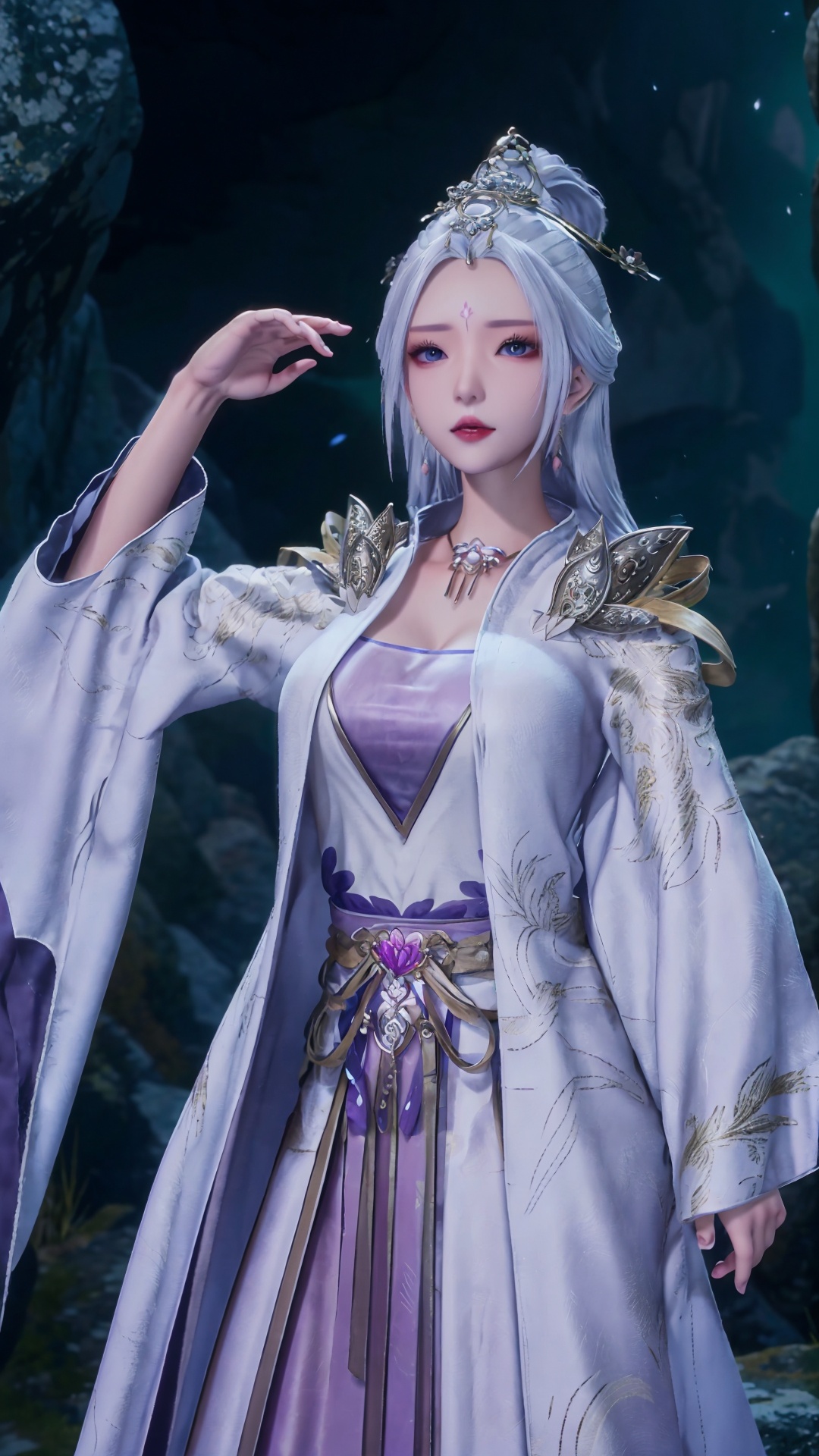  masterpiece,best quality,1girl, jewelry, solo, earrings, hair ornament, purple eyes, necklace, forehead mark, facial mark, chinese clothes, dress, long hair, hair stick, white hair, cowboy shot, dynamic pose, dynamic angle, 1girl