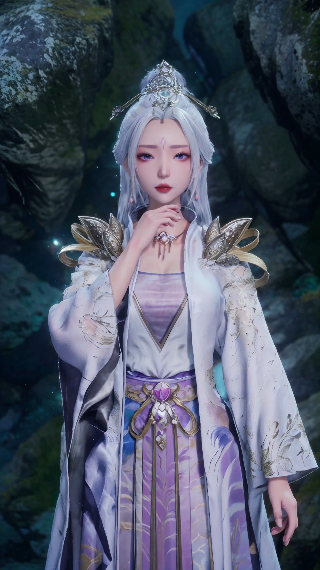  masterpiece,best quality,1girl, jewelry, solo, earrings, hair ornament, purple eyes, necklace, forehead mark, facial mark, chinese clothes, dress, long hair, hair stick, white hair, cowboy shot, dynamic pose, dynamic angle, 1girl