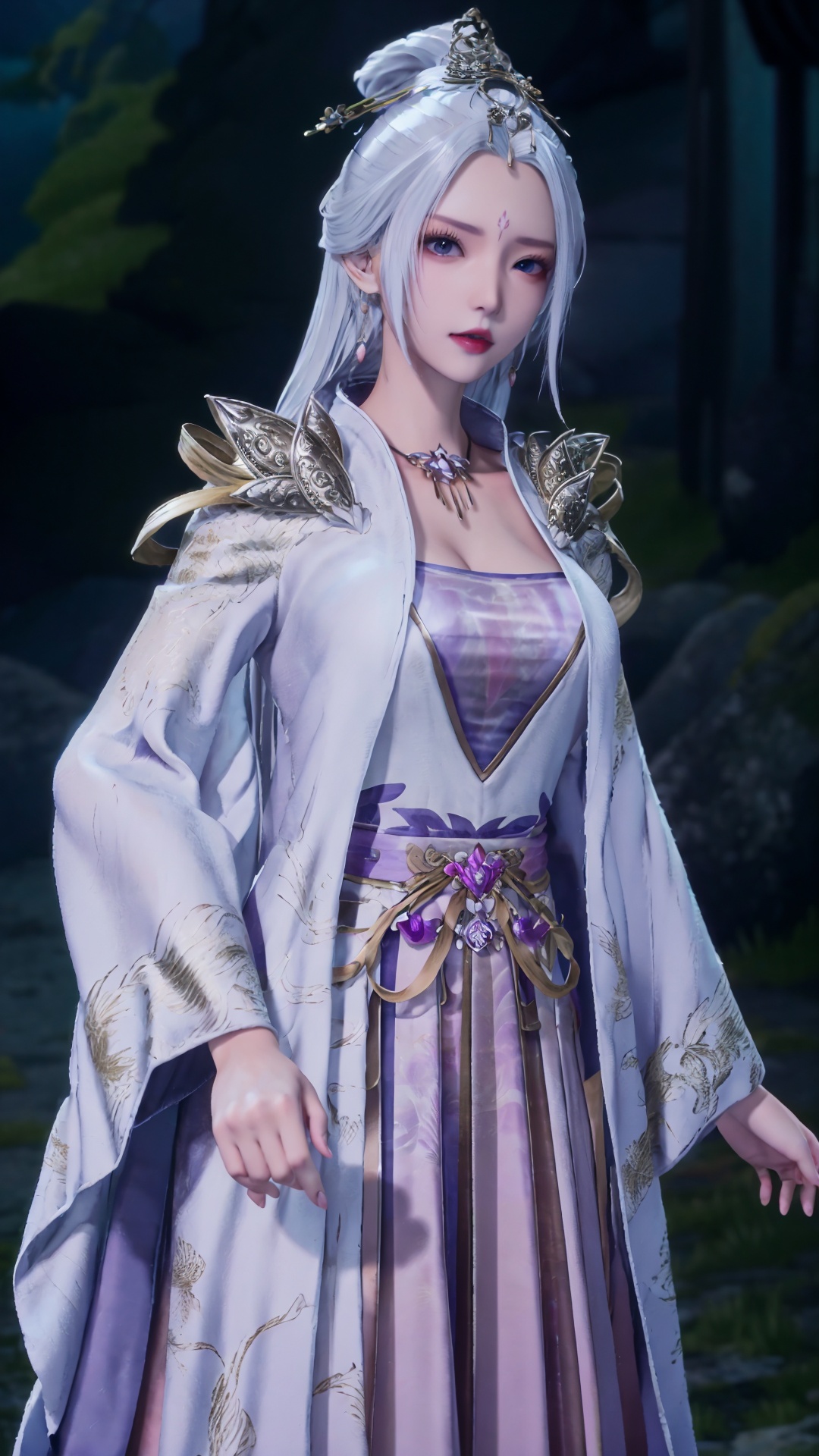  masterpiece,best quality,1girl, jewelry, solo, earrings, hair ornament, purple eyes, necklace, forehead mark, facial mark, chinese clothes, dress, long hair, hair stick, white hair, cowboy shot, dynamic pose, dynamic angle, 1girl