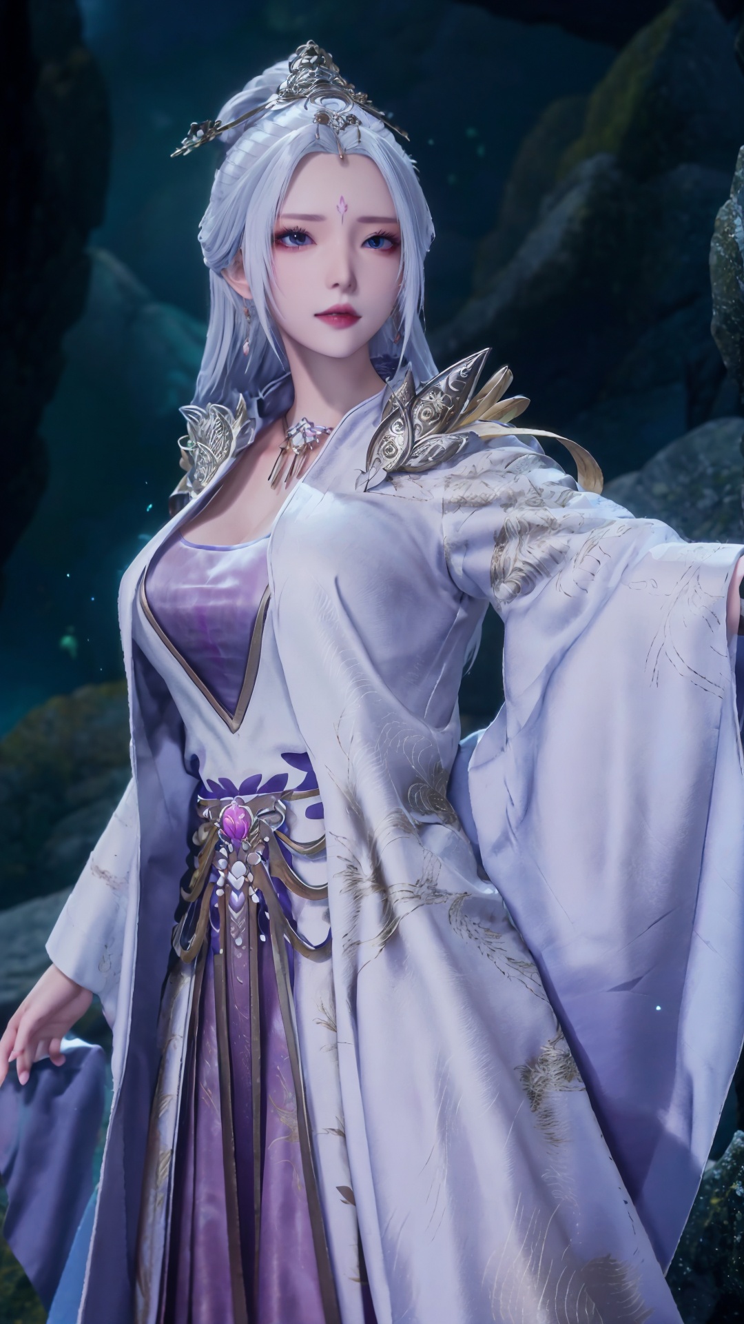  masterpiece,best quality,1girl, jewelry, solo, earrings, hair ornament, purple eyes, necklace, forehead mark, facial mark, chinese clothes, dress, long hair, hair stick, white hair, cowboy shot, dynamic pose, dynamic angle, 1girl