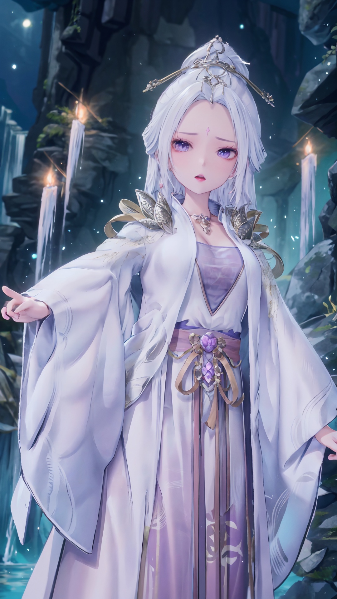  masterpiece,best quality,1girl, jewelry, solo, earrings, hair ornament, purple eyes, necklace, forehead mark, facial mark, chinese clothes, dress, long hair, hair stick, white hair, cowboy shot, dynamic pose, dynamic angle