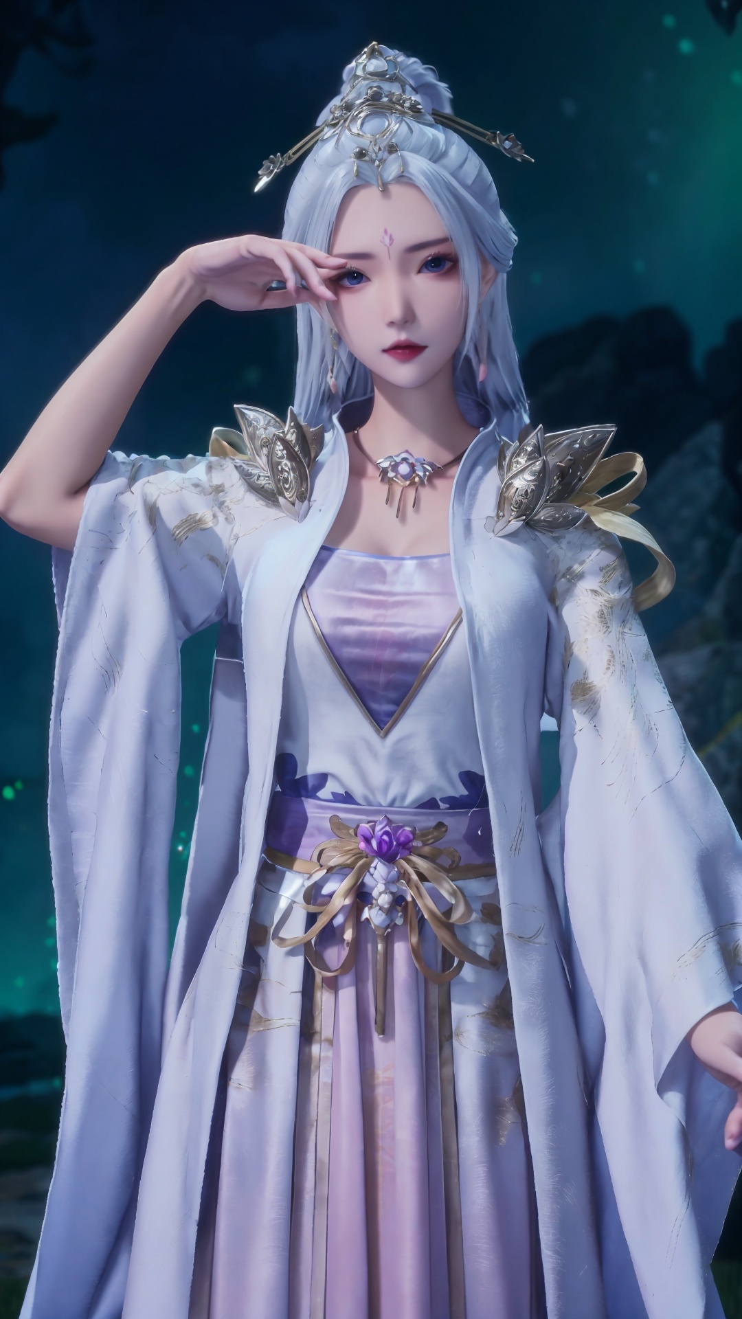  masterpiece,best quality,1girl, jewelry, solo, earrings, hair ornament, blue eyes, necklace, forehead mark, facial mark, chinese clothes, dress, long hair, hair stick, white hair, cowboy shot, dynamic pose, dynamic angle