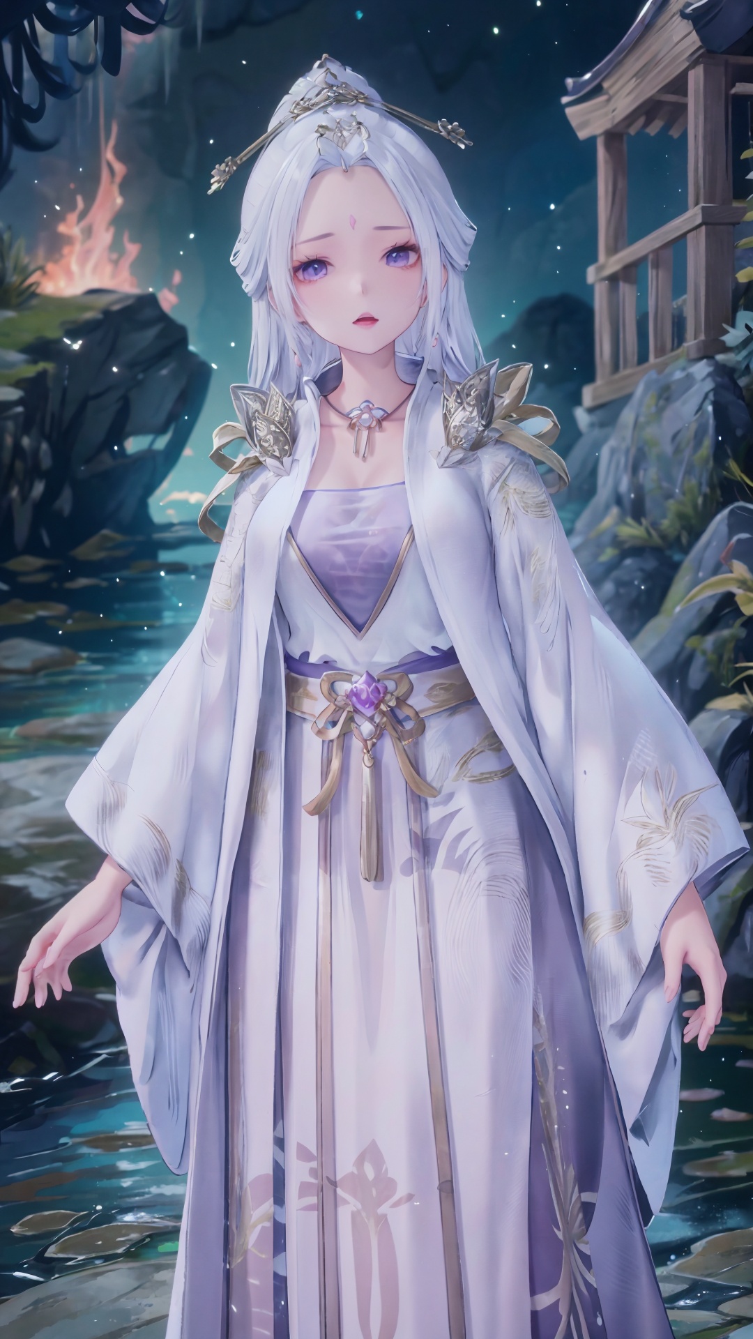  masterpiece,best quality,1girl, jewelry, solo, earrings, hair ornament, purple eyes, necklace, forehead mark, facial mark, chinese clothes, dress, long hair, hair stick, white hair, cowboy shot, dynamic pose, dynamic angle