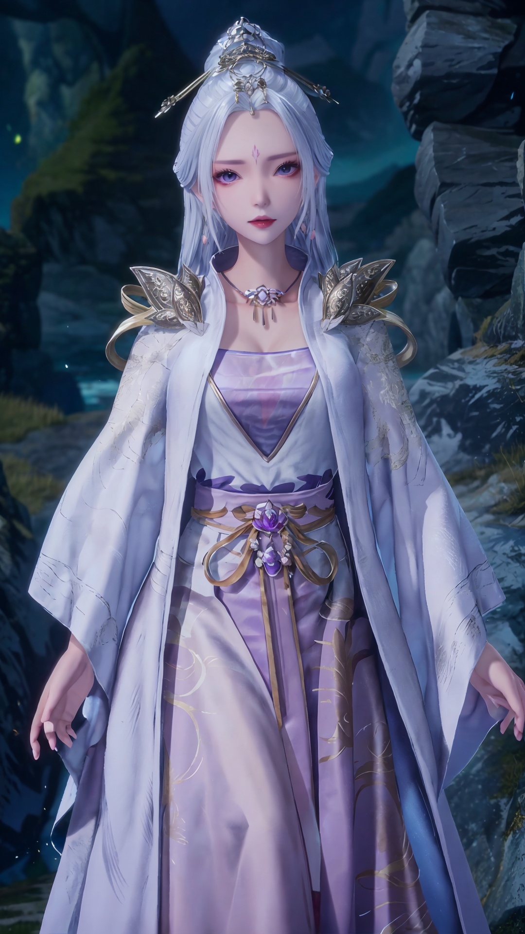  masterpiece,best quality,1girl, jewelry, solo, earrings, hair ornament, purple eyes, necklace, forehead mark, facial mark, chinese clothes, dress, long hair, hair stick, white hair, cowboy shot, dynamic pose, dynamic angle