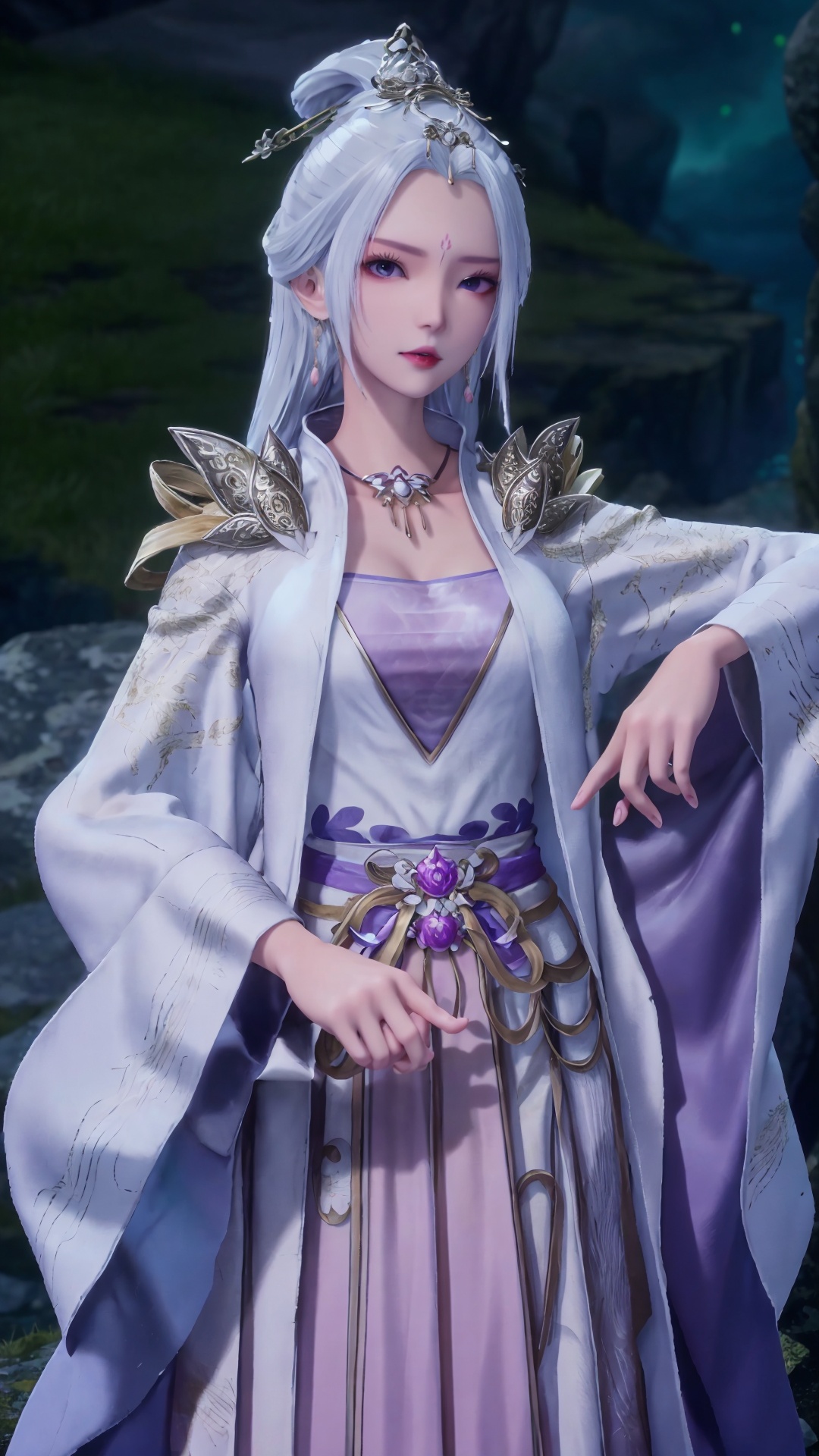  masterpiece,best quality,1girl, jewelry, solo, earrings, hair ornament, purple eyes, necklace, forehead mark, facial mark, chinese clothes, dress, long hair, hair stick, white hair, cowboy shot, dynamic pose, dynamic angle, 1girl