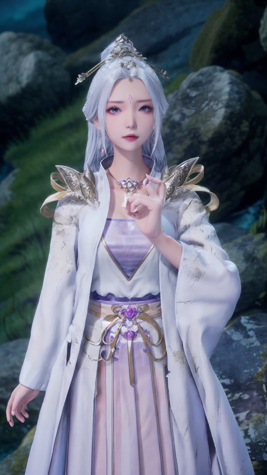 masterpiece,best quality,1girl, jewelry, solo, earrings, hair ornament, purple eyes, necklace, forehead mark, facial mark, chinese clothes, dress, long hair, hair stick, white hair, cowboy shot, dynamic pose, dynamic angle, 1girl