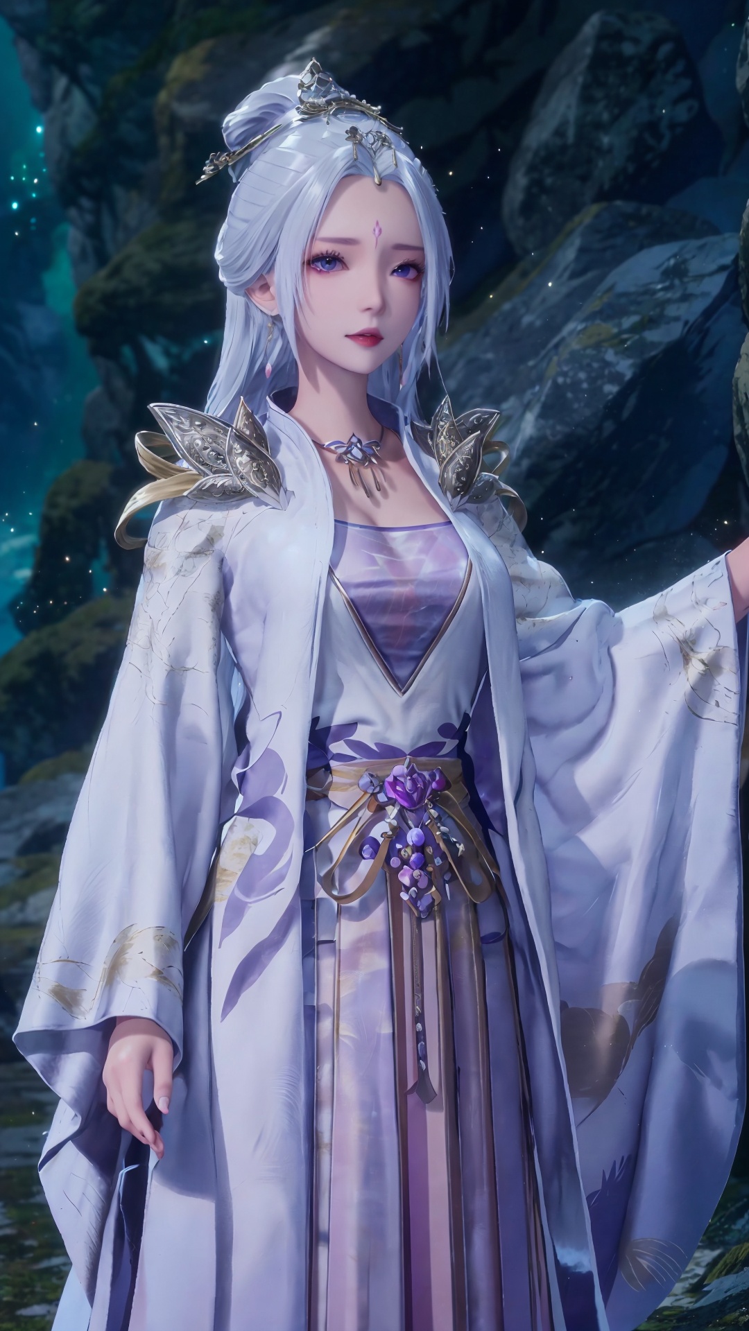  masterpiece,best quality,1girl, jewelry, solo, earrings, hair ornament, purple eyes, necklace, forehead mark, facial mark, chinese clothes, dress, long hair, hair stick, white hair, cowboy shot, dynamic pose, dynamic angle