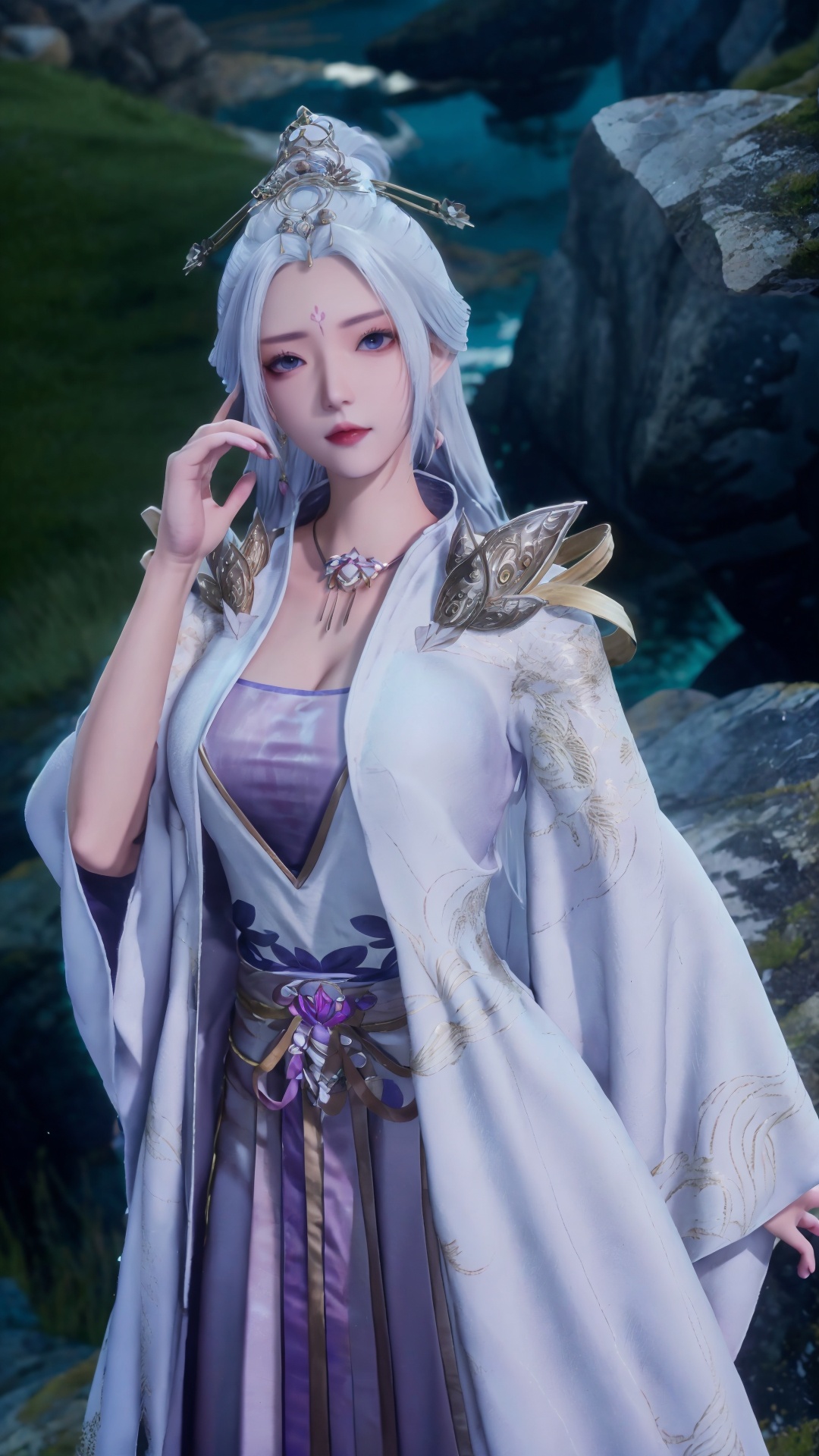  masterpiece,best quality,1girl, jewelry, solo, earrings, hair ornament, blue eyes, necklace, forehead mark, facial mark, chinese clothes, dress, long hair, hair stick, white hair, cowboy shot, dynamic pose, dynamic angle
